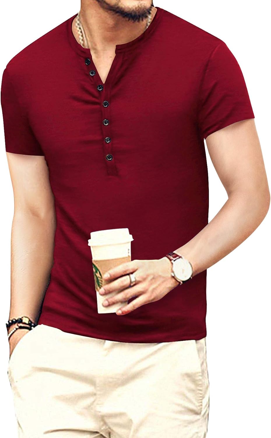 Thumbnail 2 de KUYIGO Herren Henley Slim Fit T-Shirt aus Baumwolle mit Knopfleiste (7 Knöpfe)