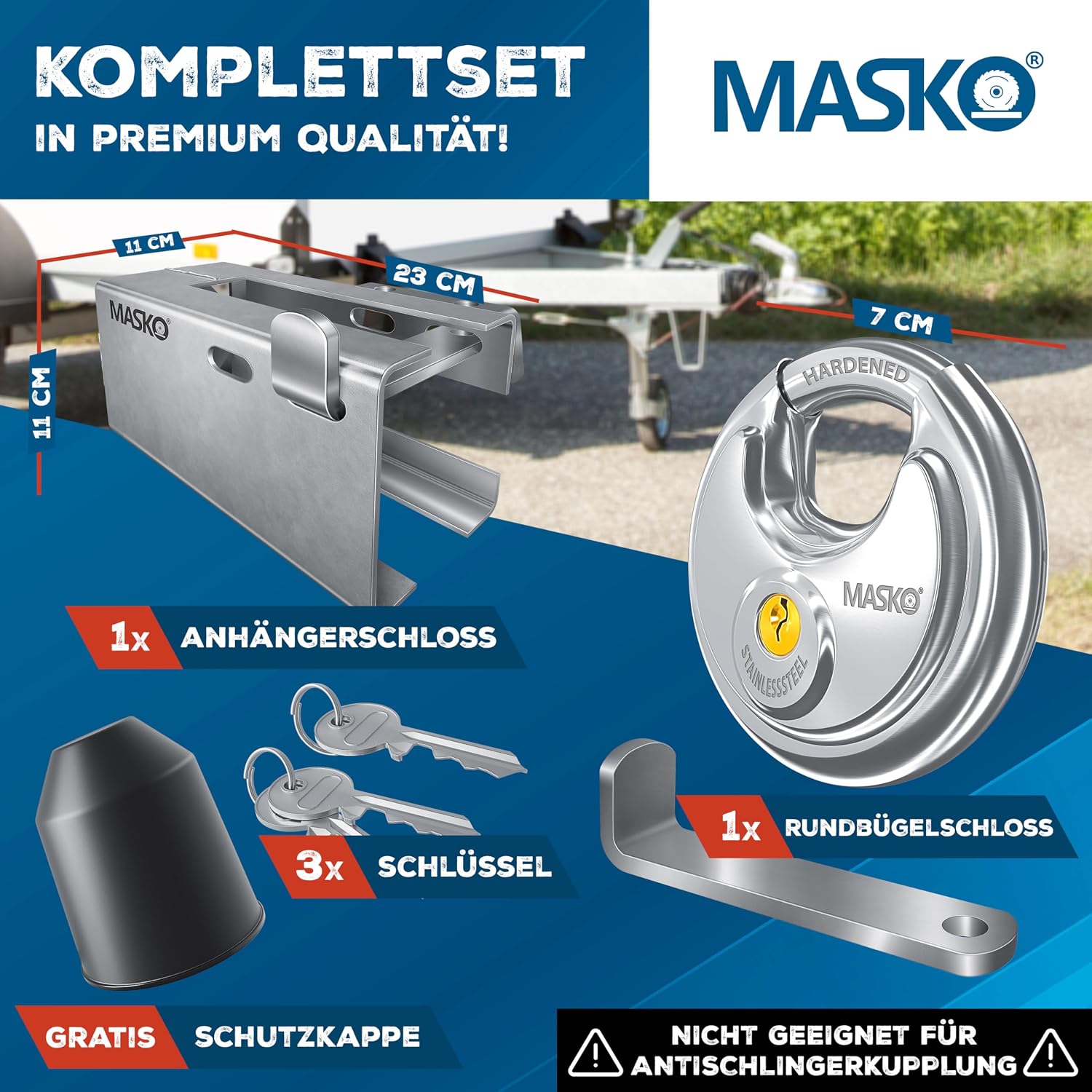 Detalle 2 de MASKO® Anhängerschloss mit Stecksystem für angekoppelte & abgekuppelte Anhänger (Rundbügel-Schloss, Schlüssel, Schutzkappe) – Silber