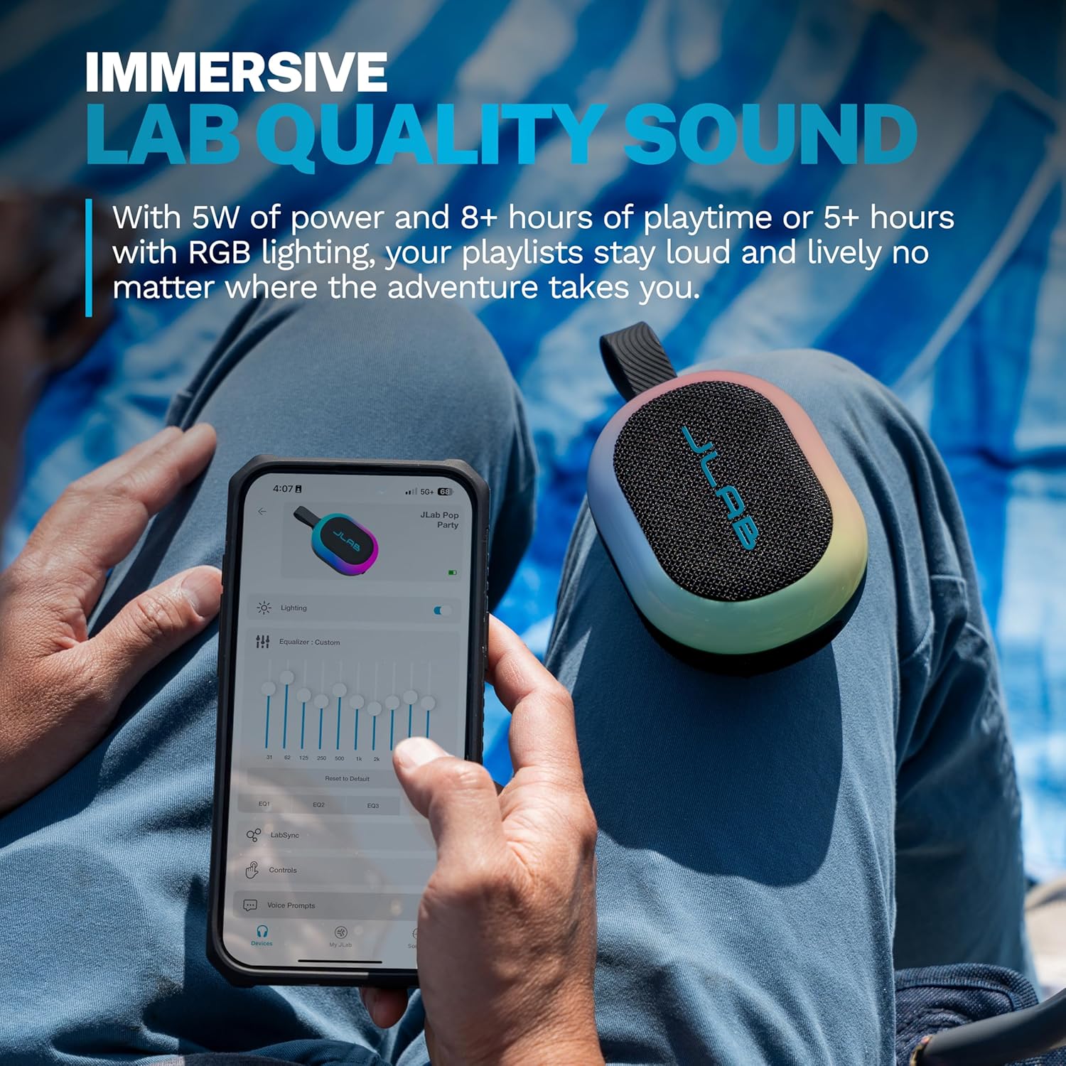 Thumbnail 1 de JLab Pop Party cassa Bluetooth ultra-portatile da 5W con luci RGB e autonomia fino a 8+ ore (IP55) – Nero