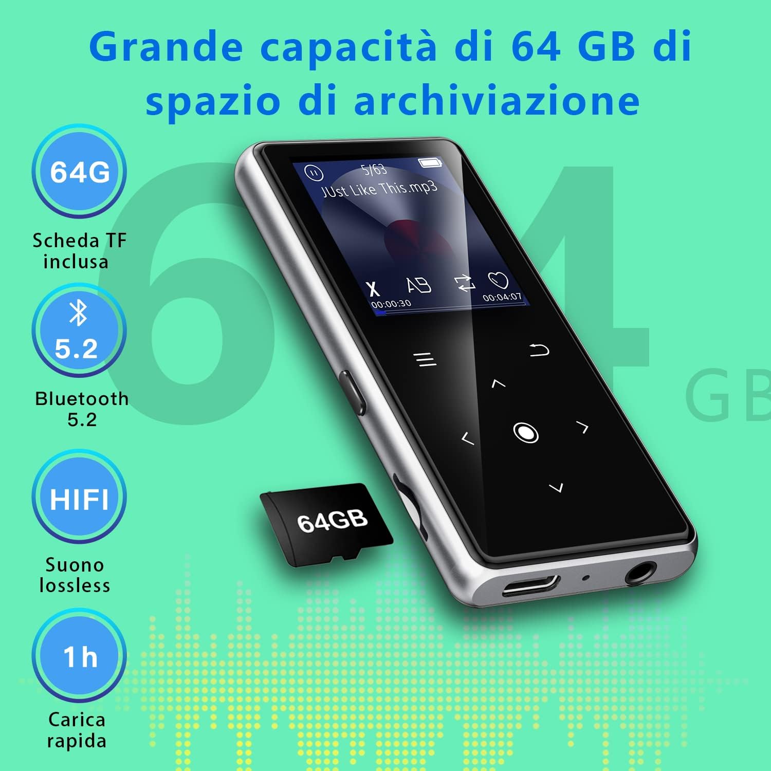 Thumbnail 2 de AiMoonsa lettore MP3 da 64 GB con Bluetooth 5.2, altoparlante HD e radio FM