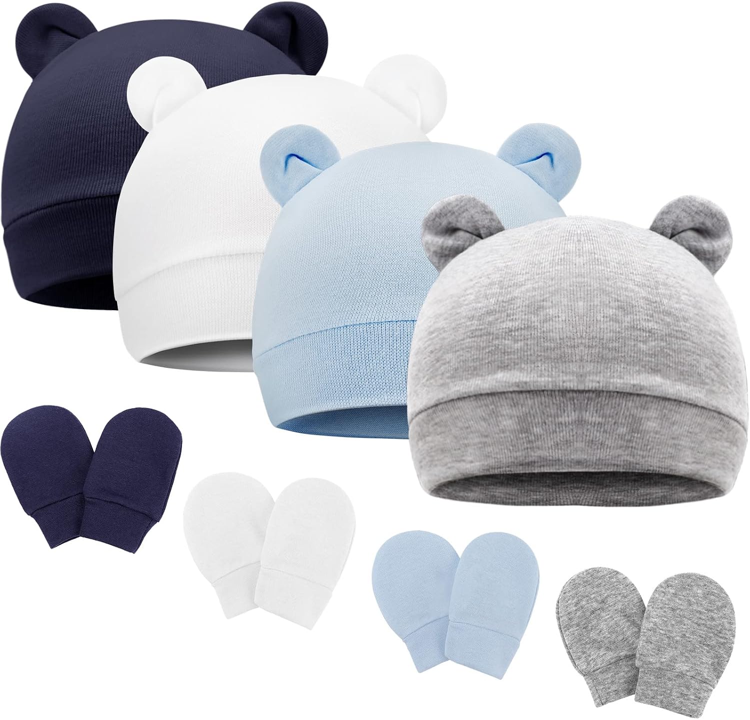 Detalle de DRESHOW Newborn Beanie Hat and Gloves (96% cotton, 0–6 months) – 4 hats & 4 mittens