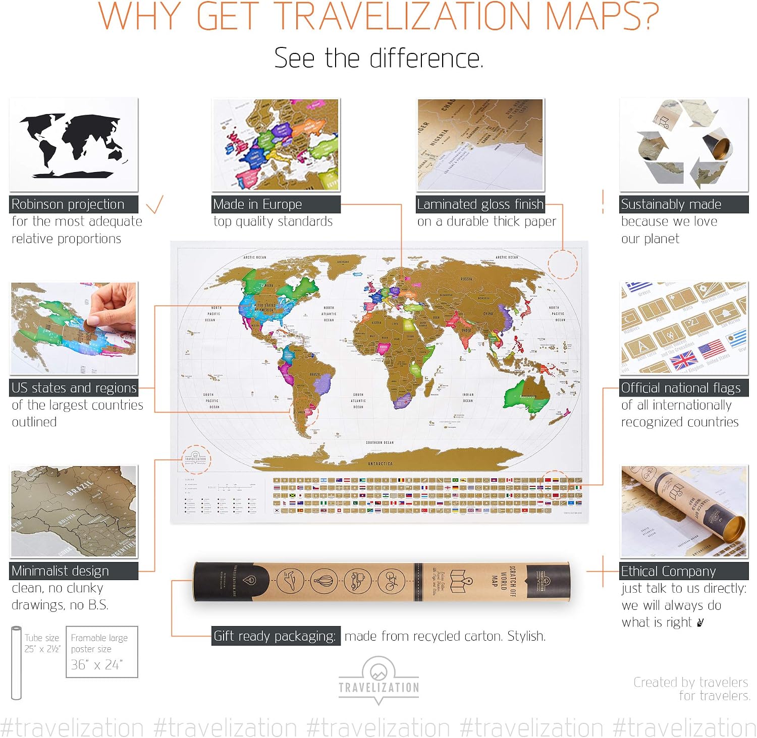 Thumbnail 3 de Travelization スクラッチオフ世界地図 36 x 24インチ、国旗・米国の州と地域を掲載