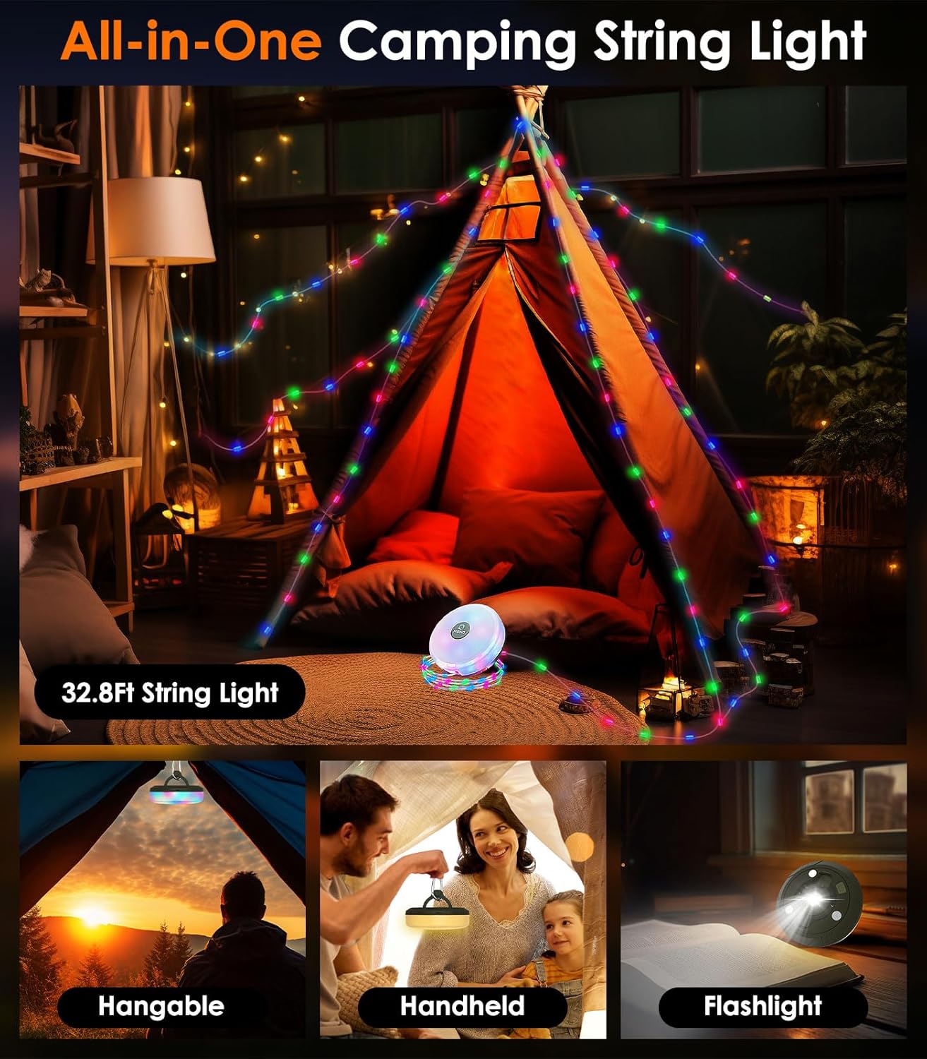 Thumbnail 1 de MoKo 3-in-1 Camping-Lichterkette Aufrollbar – Wiederaufladbare LED-Lichtquelle für Zelt, Outdoor & Dekoration