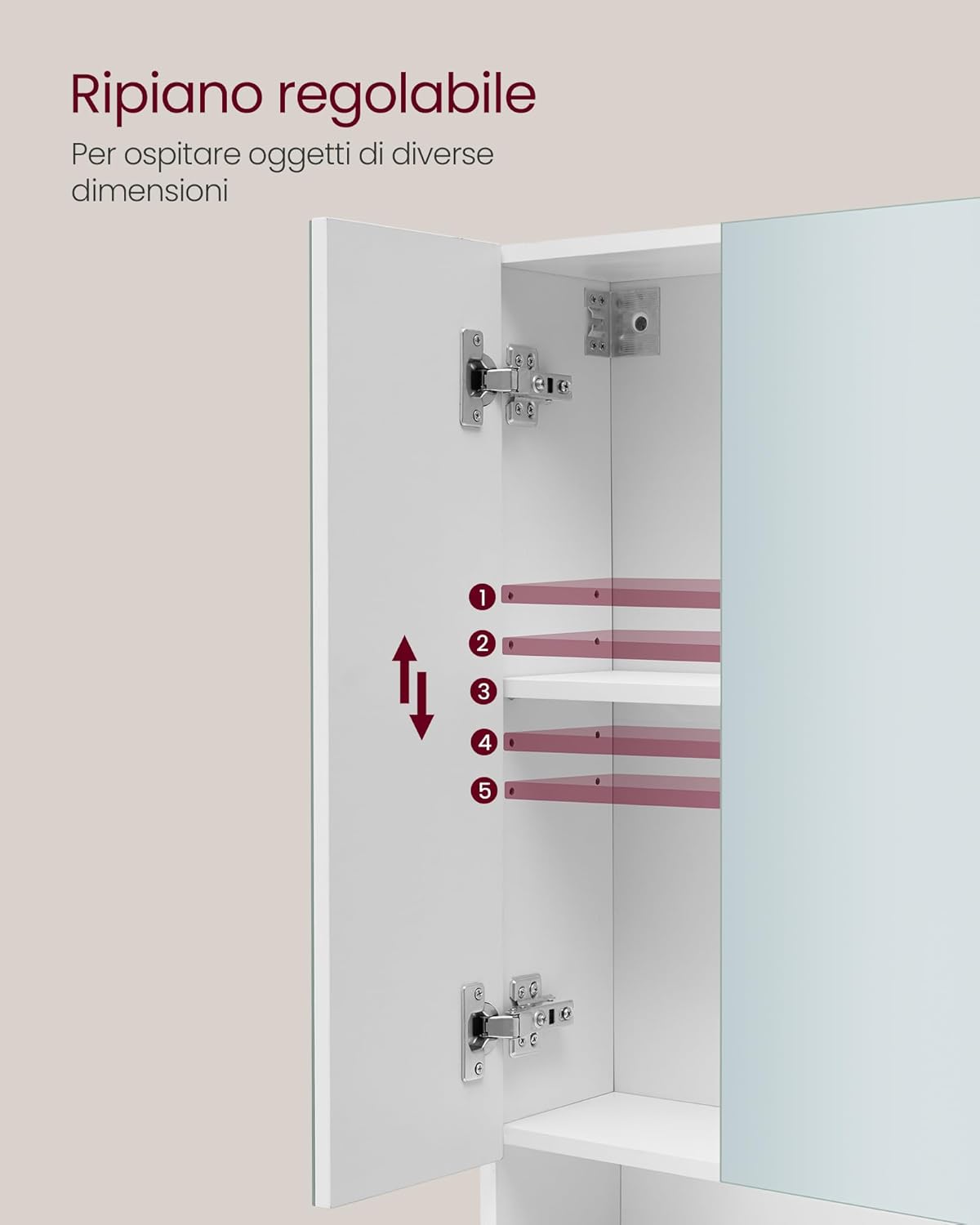 Detalle 2 de VASAGLE KAILYN BBK129W01 armadietto bagno da parete con specchio e ante a specchio