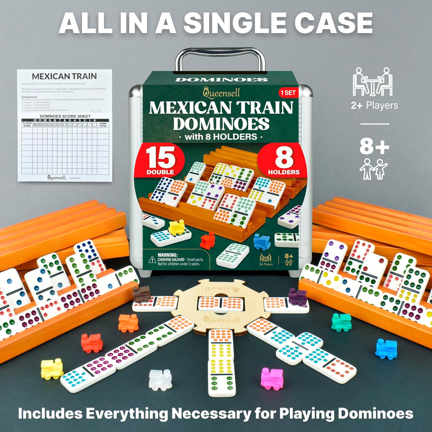 Thumbnail 6 de Queensell Mexican Train Double-15 Dominoes Set (136 Tiles) with 8 Wooden Holders and Hub