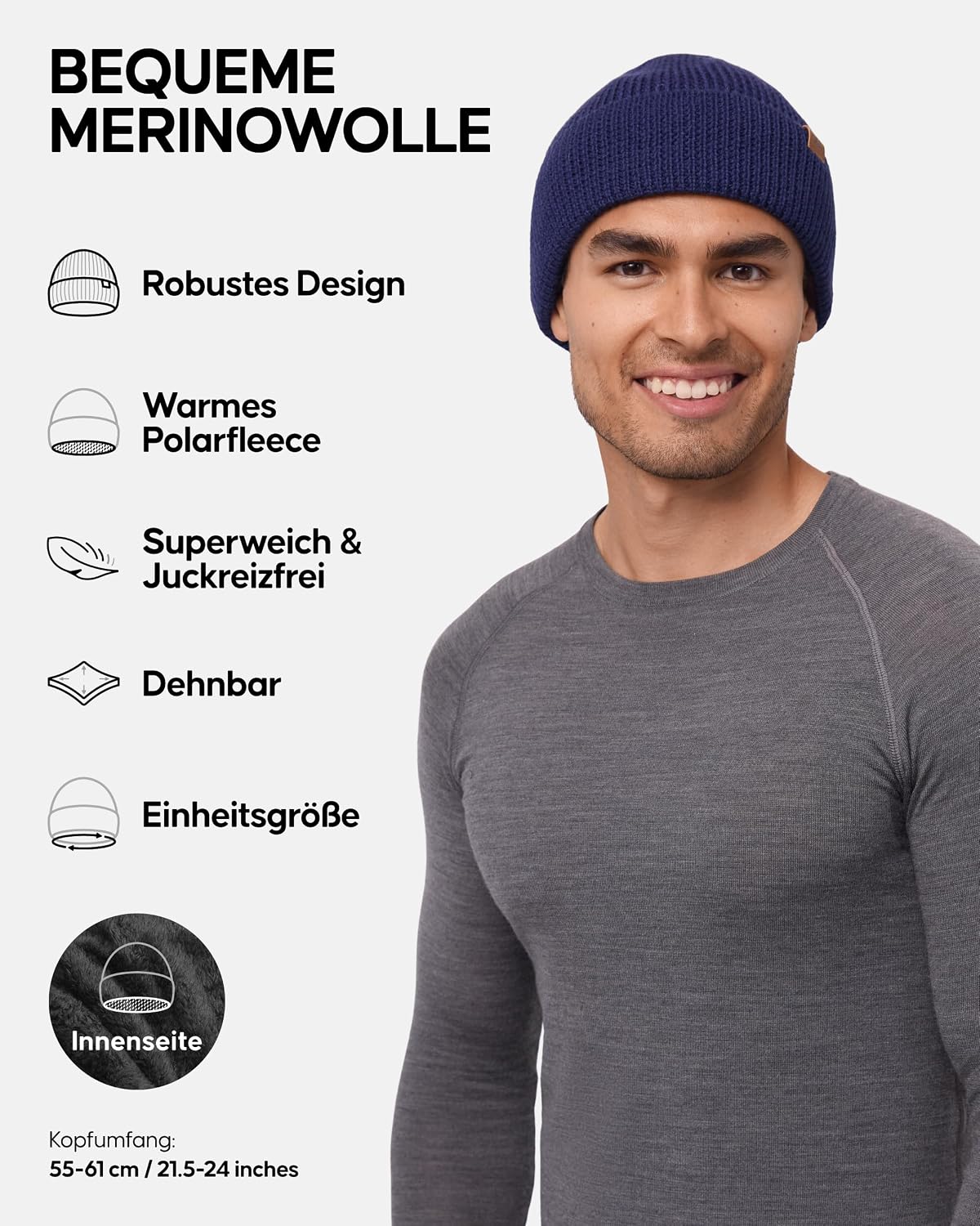 Detalle 2 de DANISH ENDURANCE Merinowolle Mütze mit Fleece Beanie