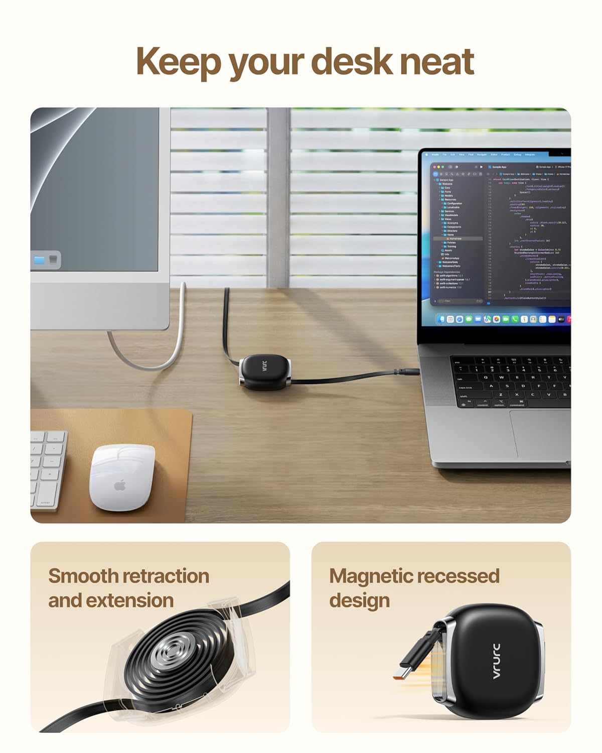Thumbnail 2 de VRURC Retractable USB-C Charger Cable (240W Fast Charging, 3.3 ft) with Mag Snap Storage