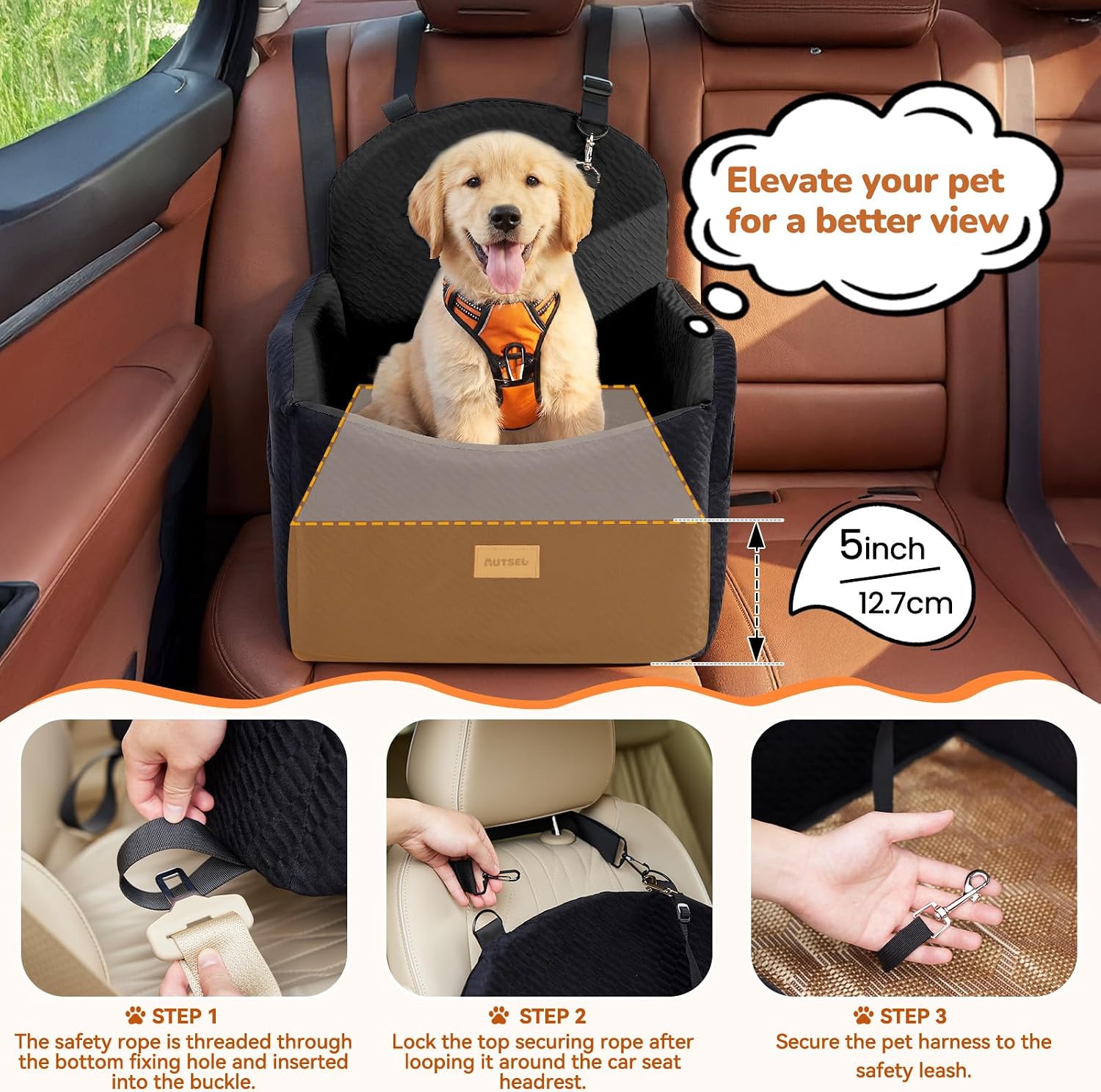 Detalle 2 de Autsel Dog Car Seat for Medium & Small Dogs – Waterproof Booster Seat with Safety Belt and Storage Pockets