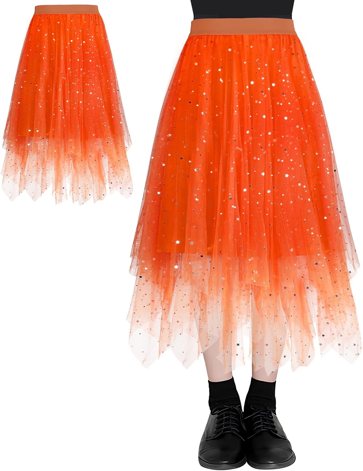 Detalle de AUYAO damtyllkjol i polyester mesh med elastisk midja och oregelbunden fåll
