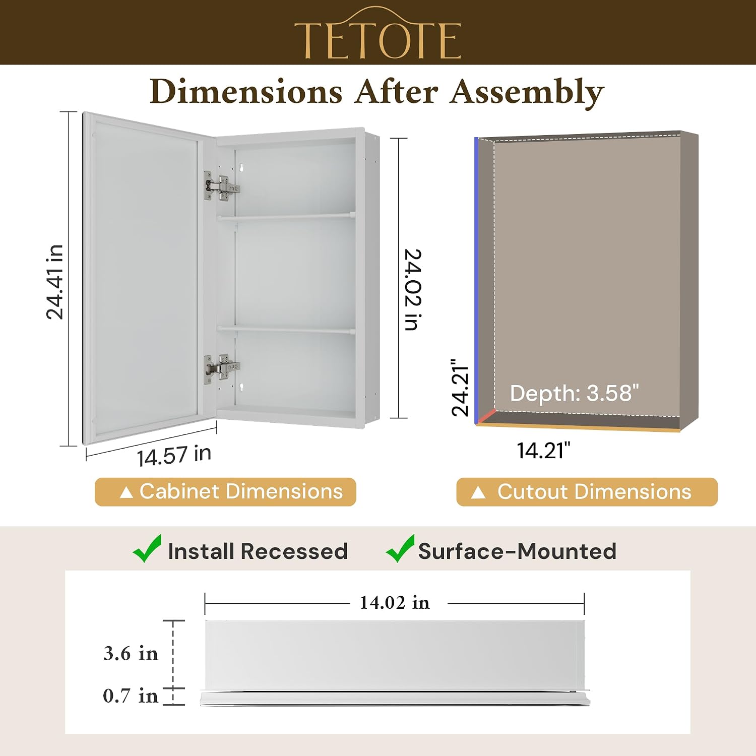 Thumbnail 1 de TETOTE 14 x 24 Medicine Cabinet with Tempered Beveled Mirror