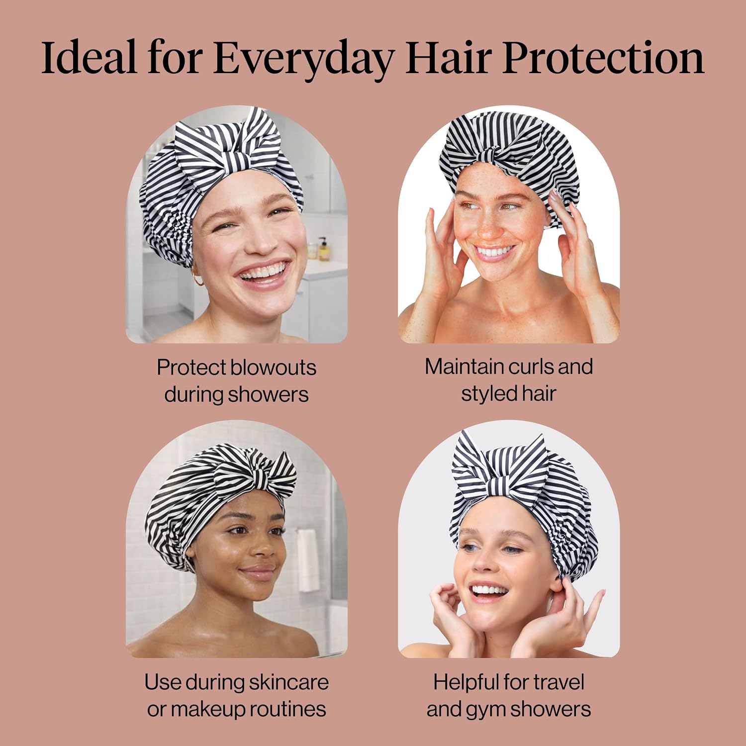 Detalle 2 de Kitsch Luxury Large Shower Cap, Reusable Waterproof Polyester, Black and White Stripe