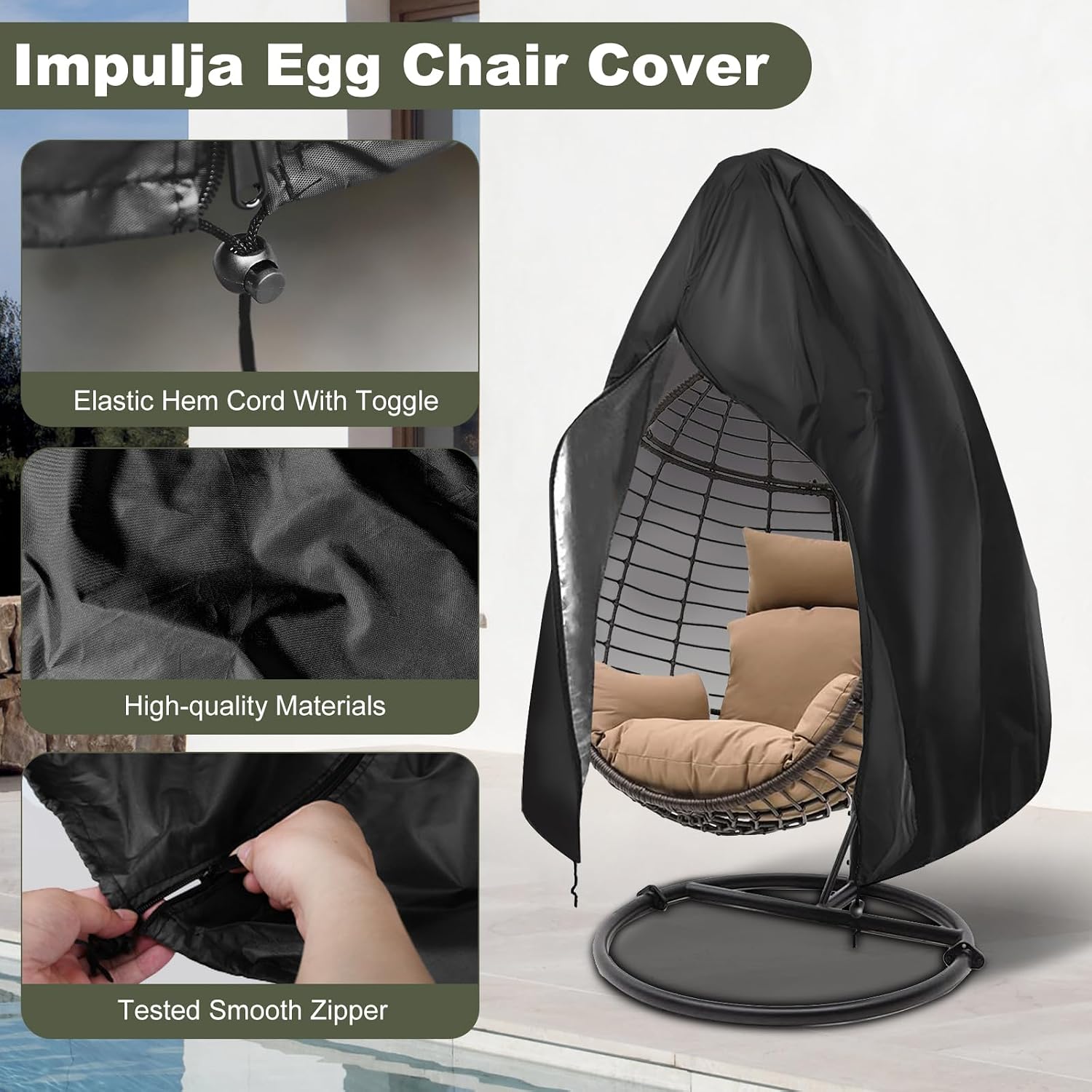 Detalle 2 de Impulja eccb002 Patio Egg Chair Cover, 420D Oxford, Waterproof, UV-Resistant
