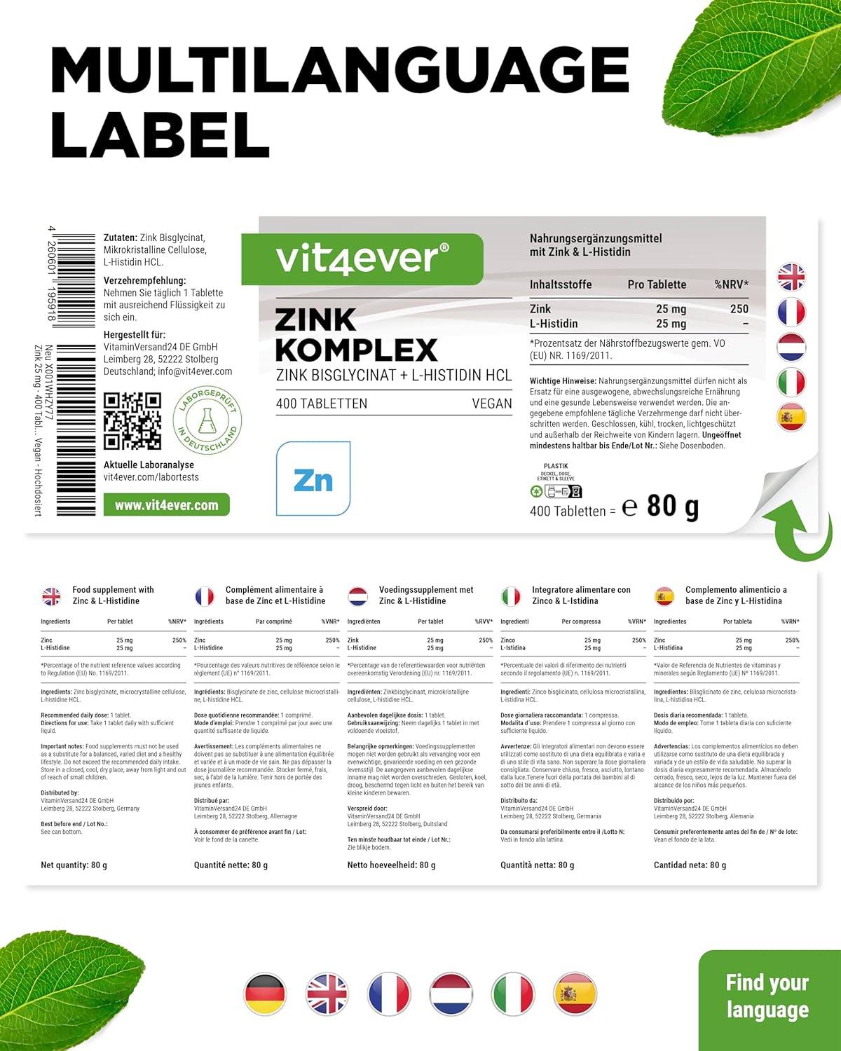 Thumbnail 6 de Zink 25 mg (Albion Zinkbisglycinat) + L-Histidin – 400 Tabletten Premium