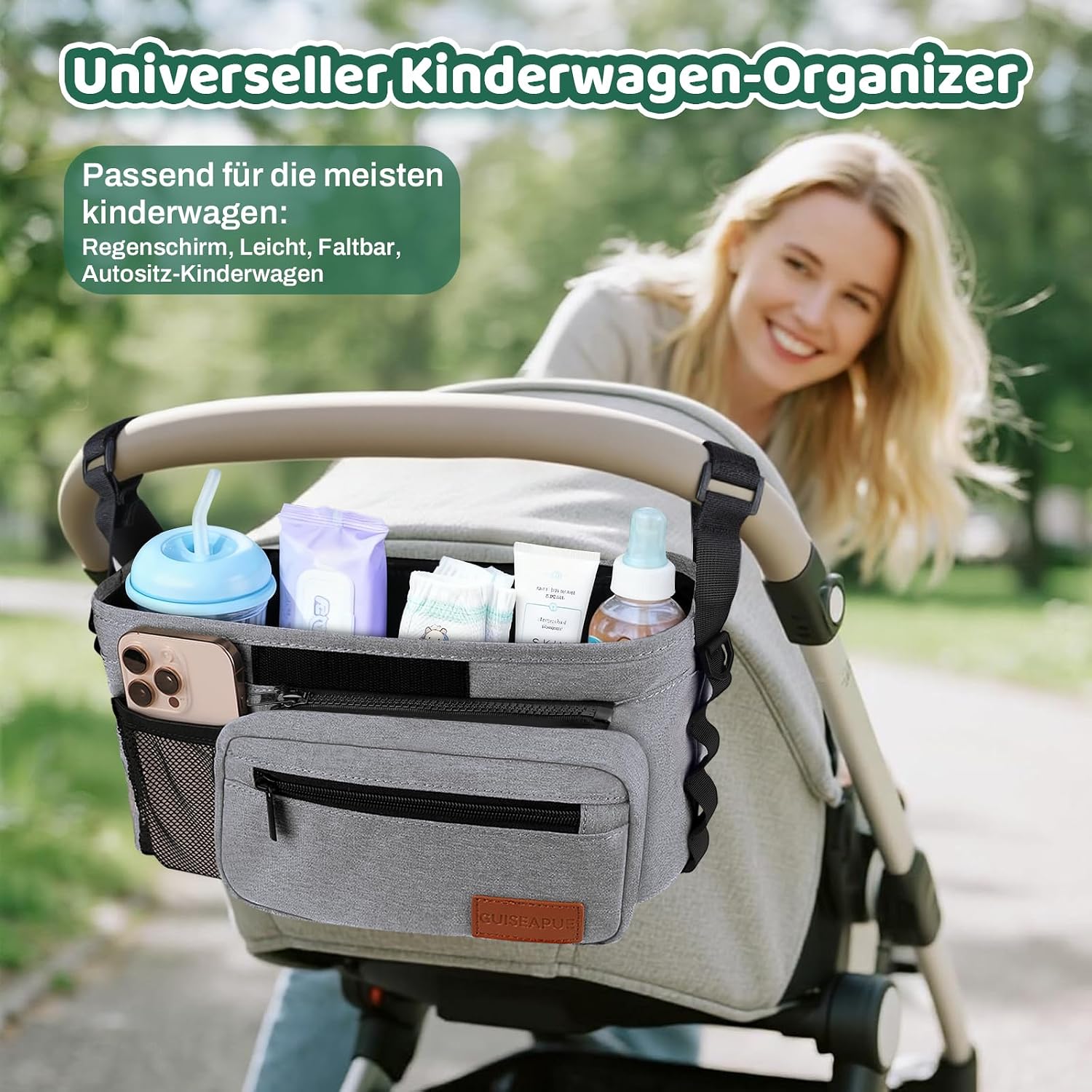 Detalle 2 de Guiseapue Universal Kinderwagen-Organizer – Getränkehalter, Becherhalter und großzügige Aufbewahrung für unterwegs