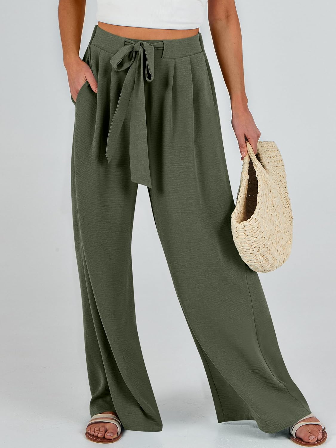Detalle de Caracilia Wide Leg Palazzo Pants for Women – Summer High Waist, Flowing Beach Ready Lounge Trousers