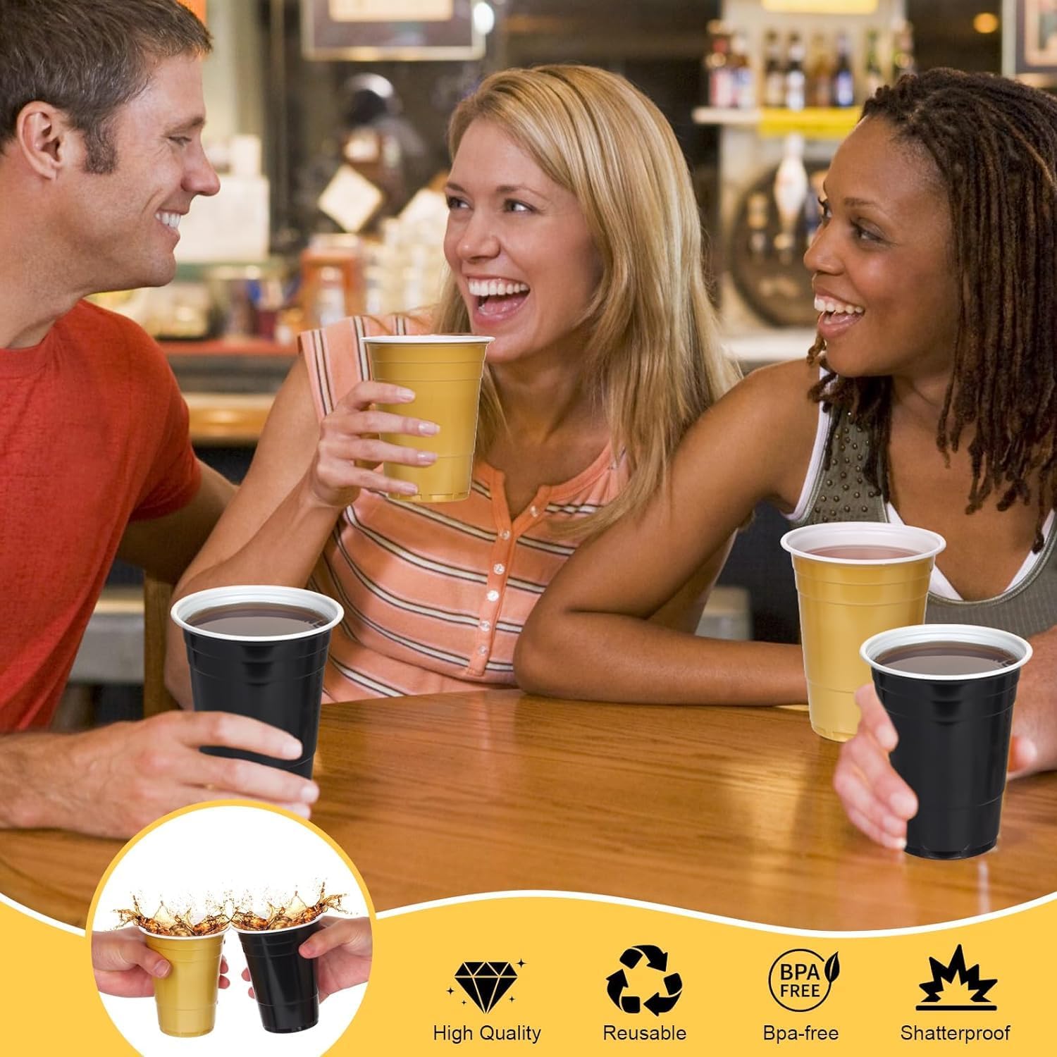 Thumbnail 6 de KesaPlan 16 oz Disposable Plastic Party Cups, Black and Gold, 100-Pack
