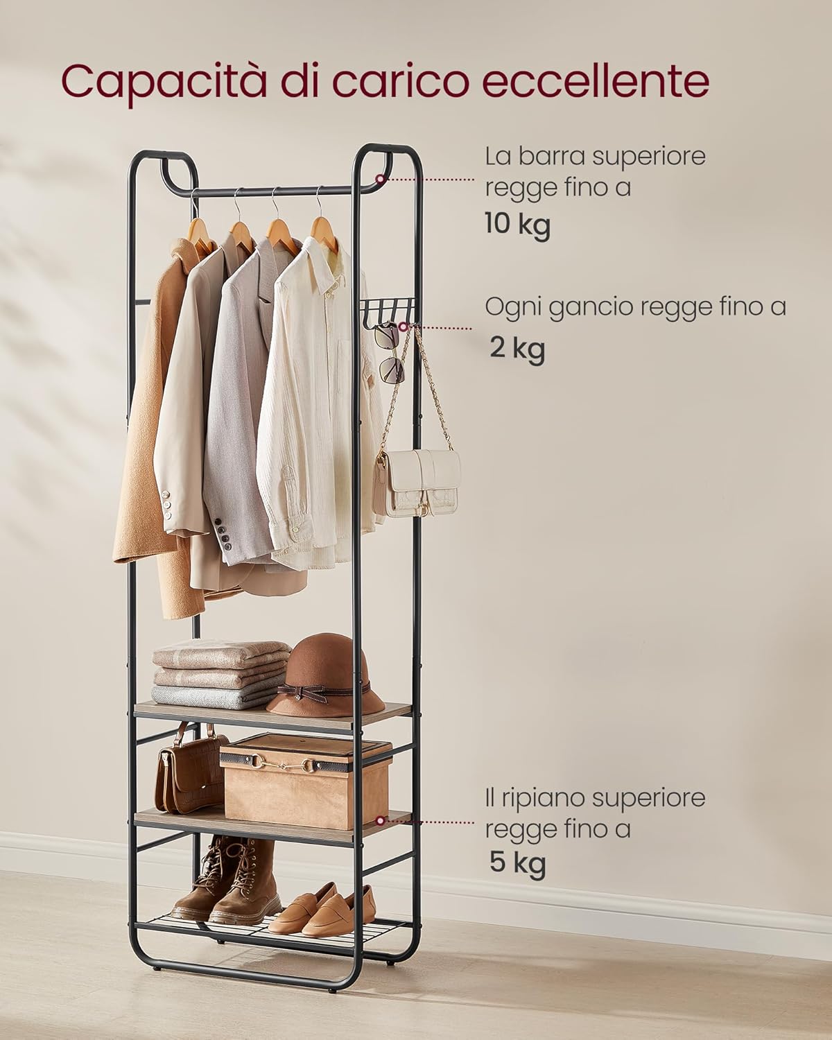 Thumbnail 2 de VASAGLE Appendiabiti con Scarpiera per Ingresso HSR081K01 – stile scandinavo, Nero Inchiostro / Marrone Cammello