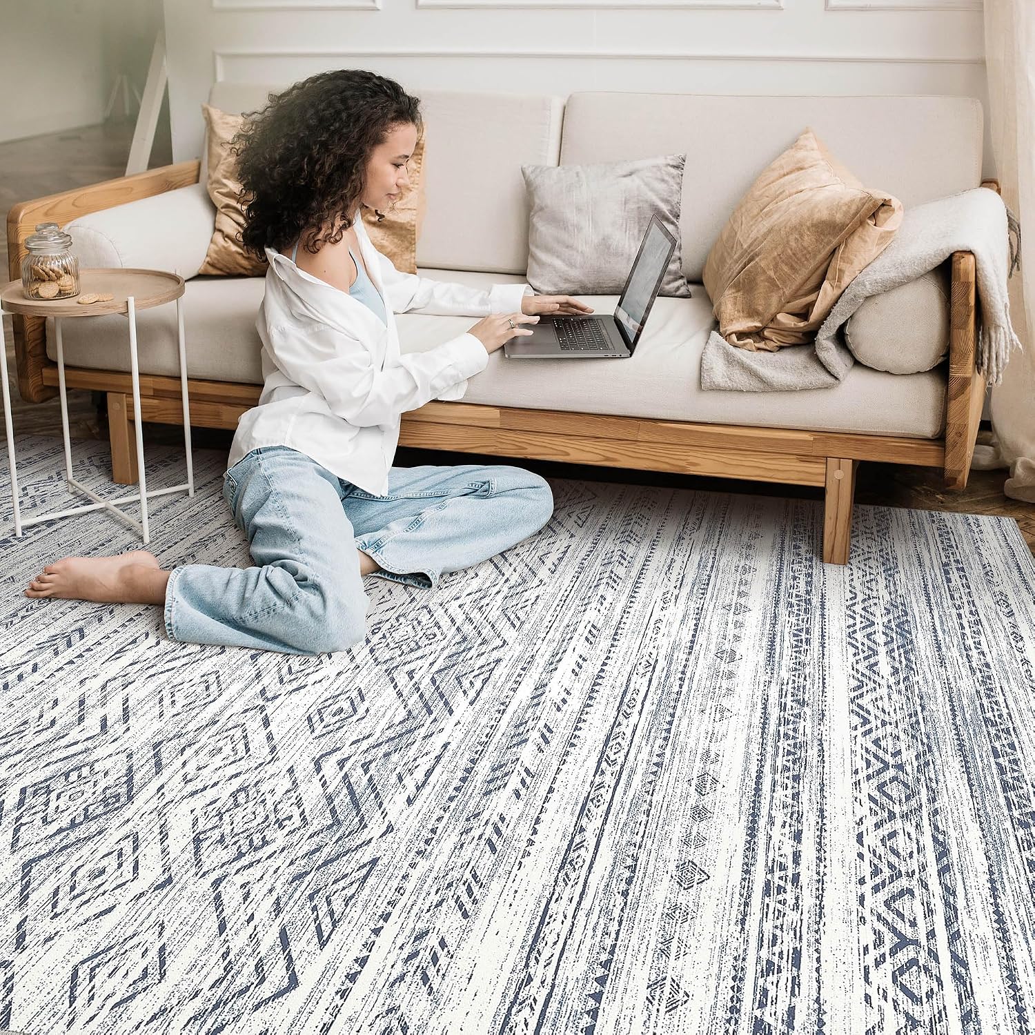 Thumbnail 6 de Tortania 7x9 Washable Area Rug: Soft Dark Blue Boho Moroccan Style for Living Room & Beyond