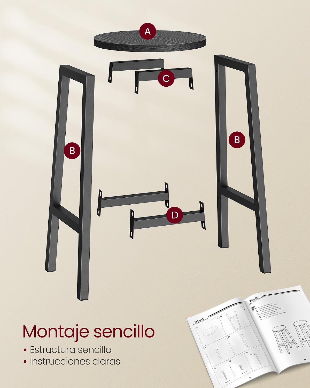 Detalle 2 de VASAGLE LBC032B56 Taburete de bar 65 cm
