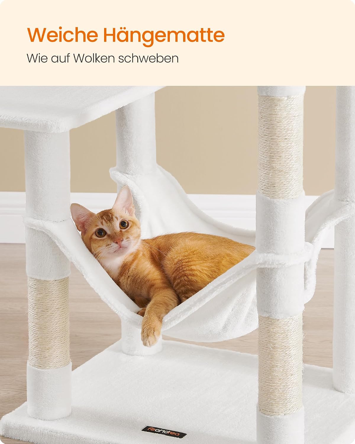 Detalle de Feandrea Kratzbaum PCT161T01 (143 cm) mit 4 Kratzsäulen, 2 Plattformen, Hängematte und Höhle