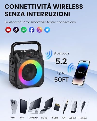 Detalle de Wowstar Karaoke: Altoparlante Portatile Bluetooth 15 W con 2 Microfoni Wireless e LED per feste