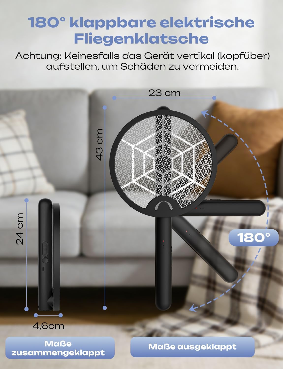 Detalle de YISSVIC Elektrische Fliegenklatsche Extra Stark 4000V – 2 in 1, USB-C, klappbar, 1800mAh