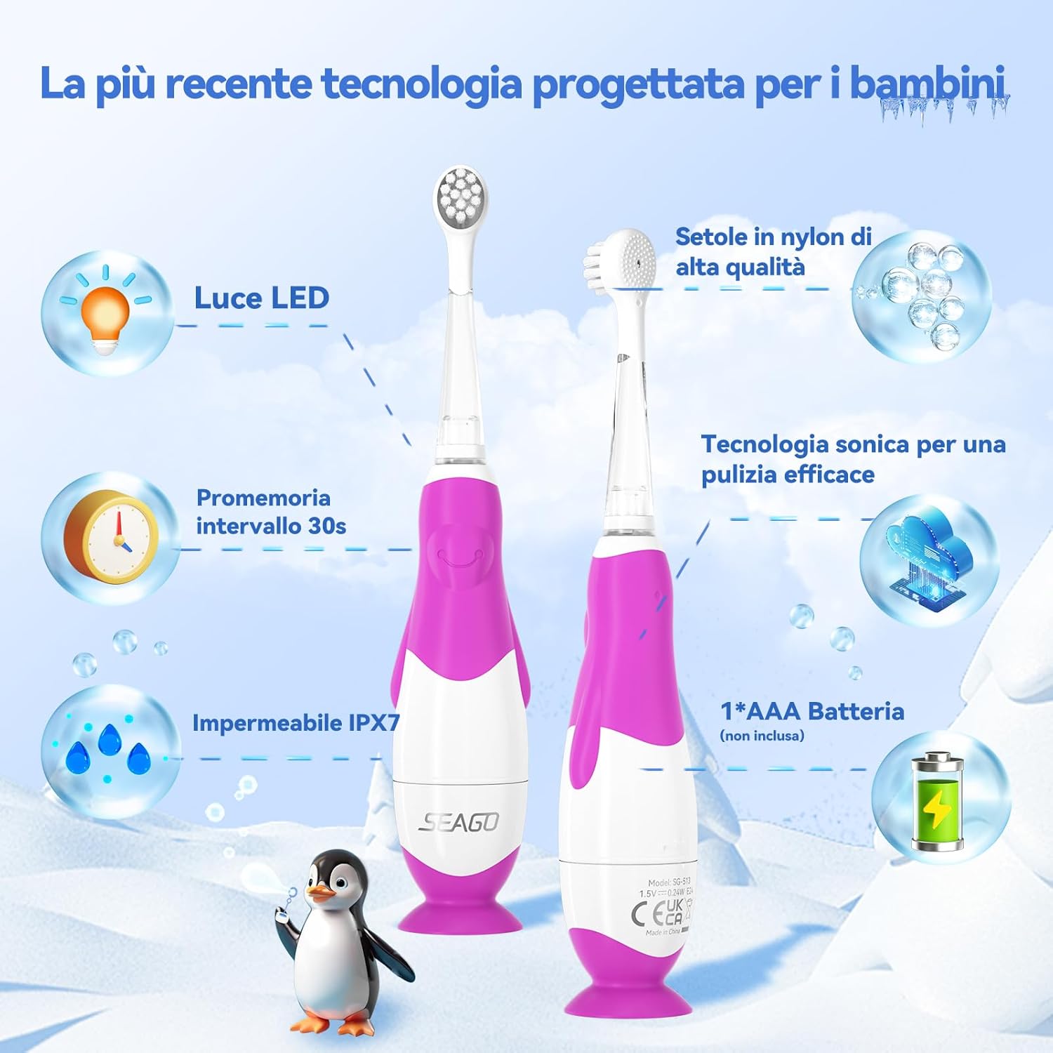 Thumbnail 4 de Seago spazzolino elettrico bambini con timer 2 minuti, luce LED e base aspirante (da 0 a 3 anni)
