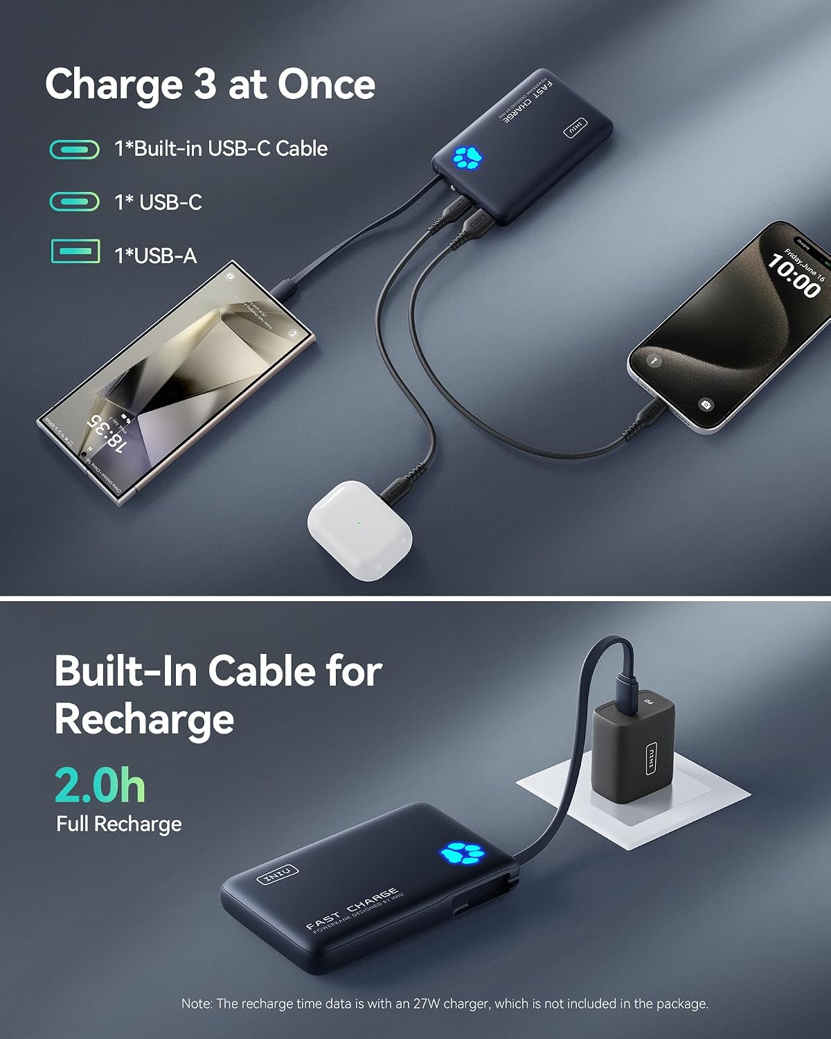 Detalle 2 de INIU P41L Slim 10000mAh Power Bank, 45W USB-C Fast Charging