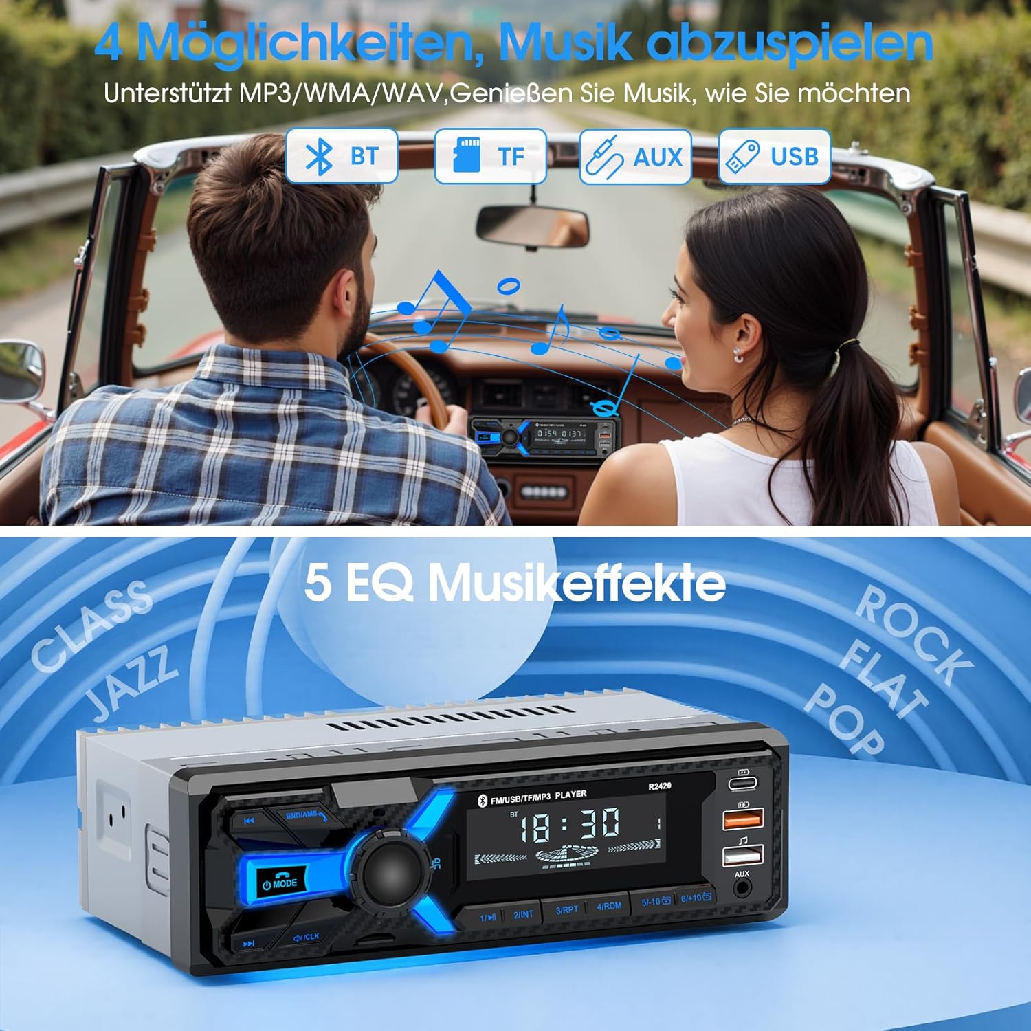 Thumbnail 4 de CENXINY RDS 1-DIN Bluetooth Autoradio mit Bluetooth 5.0, DSP & Typ-C-Ladeanschluss (RDS, 30 Sender)