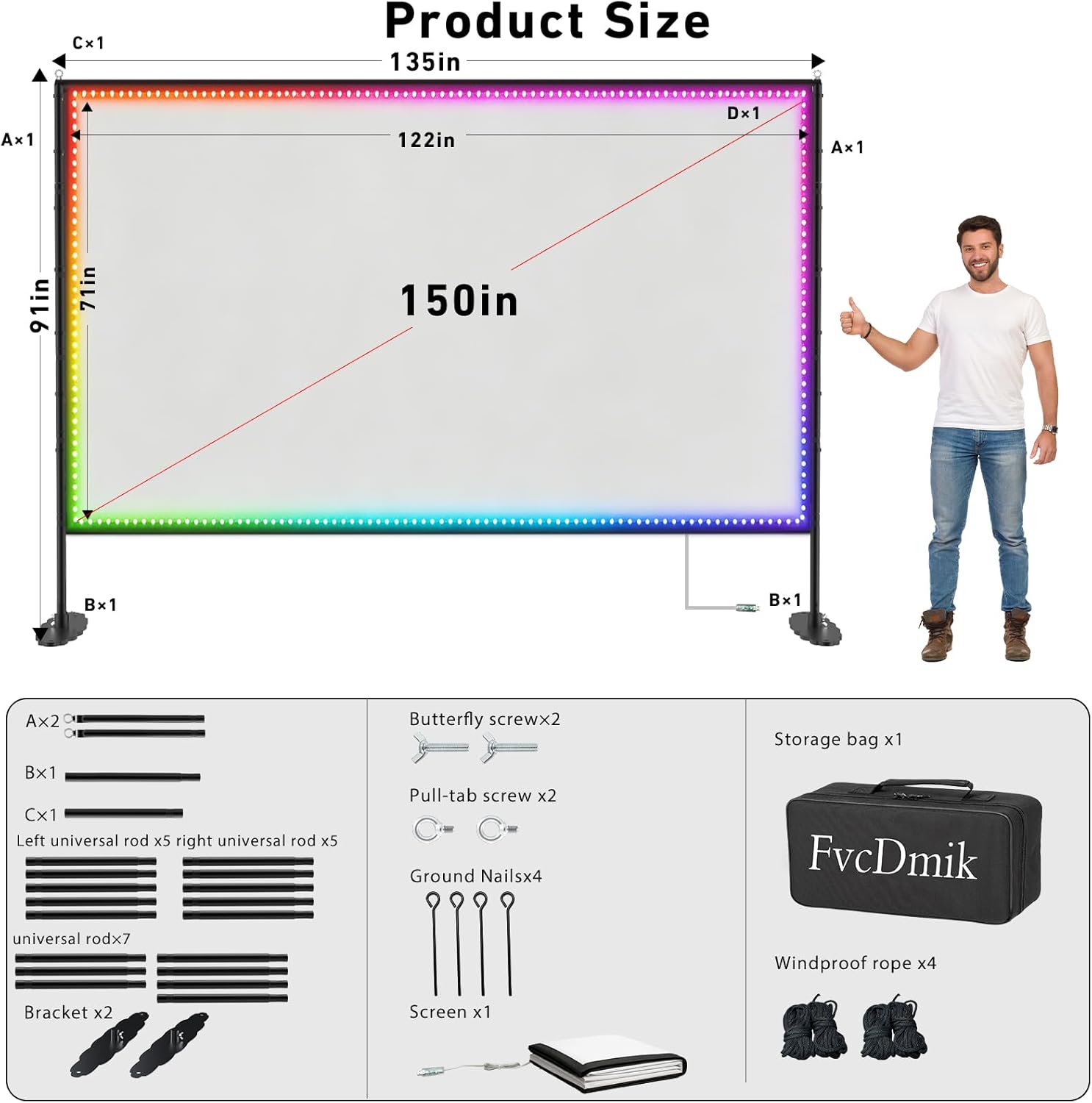 Thumbnail 6 de 150 Inch Projector Screen with Stand with USB String Lights: Large Indoor/Outdoor 16:9 4K-Ready Display