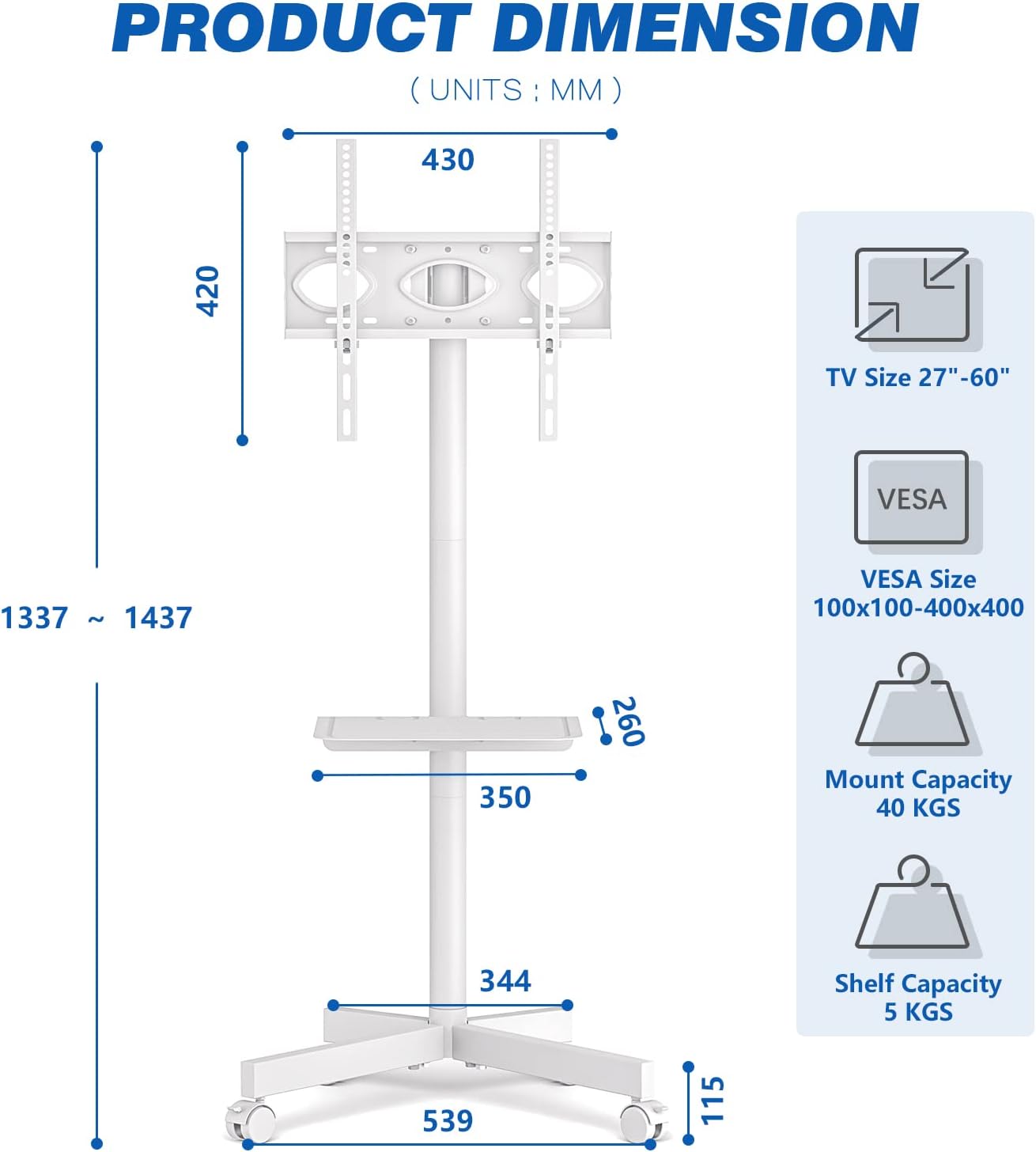 Thumbnail 2 de RFIVER Blanc Pied TV mobile sur roulettes (27 à 60 pouces) réglable en hauteur, charge max 40 kg, VESA jusqu’à 400x400
