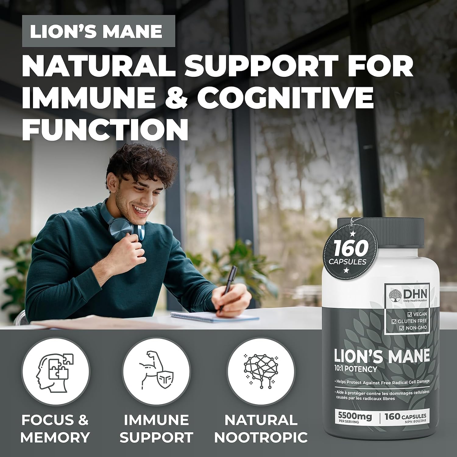 Detalle de DH Nutrition Lion’s Mane Supplement, 160 Vegan Capsules, Fruiting Bodies
