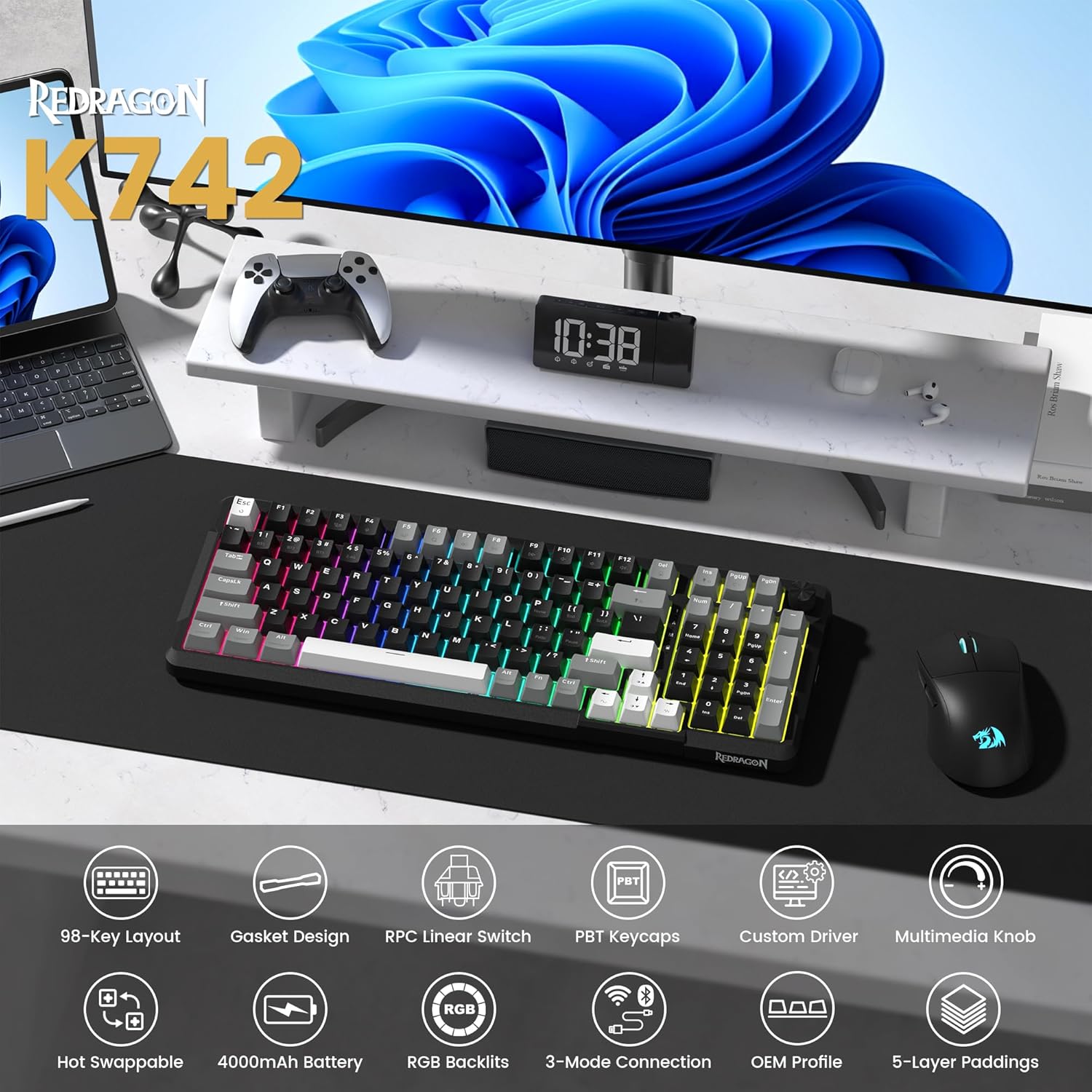Detalle 2 de Redragon K742 Wireless Mechanical Keyboard 5.0