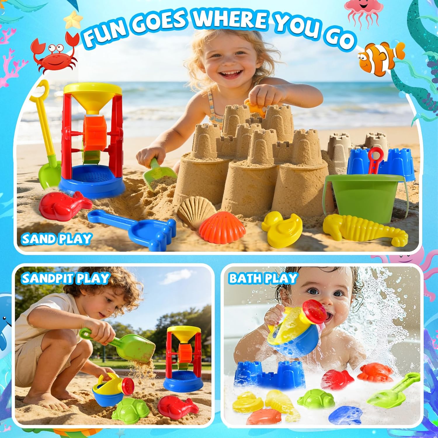 Thumbnail 4 de Beach Toys 19-Piece Sand Toys Set for Kids (Sandbox Water Wheel, Tools, Molds, Mesh Bag) Ages 3–13