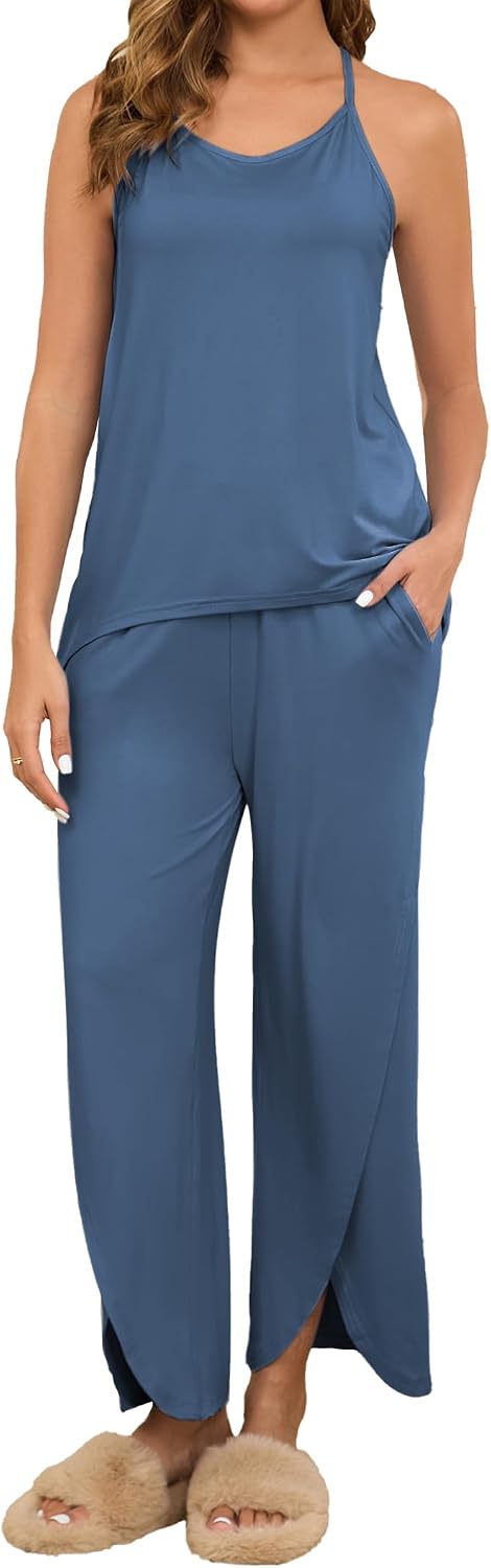 Thumbnail 6 de Famulily women’s loungewear pyjama set with pockets – halter top & wide-leg split trousers (S–XXL)