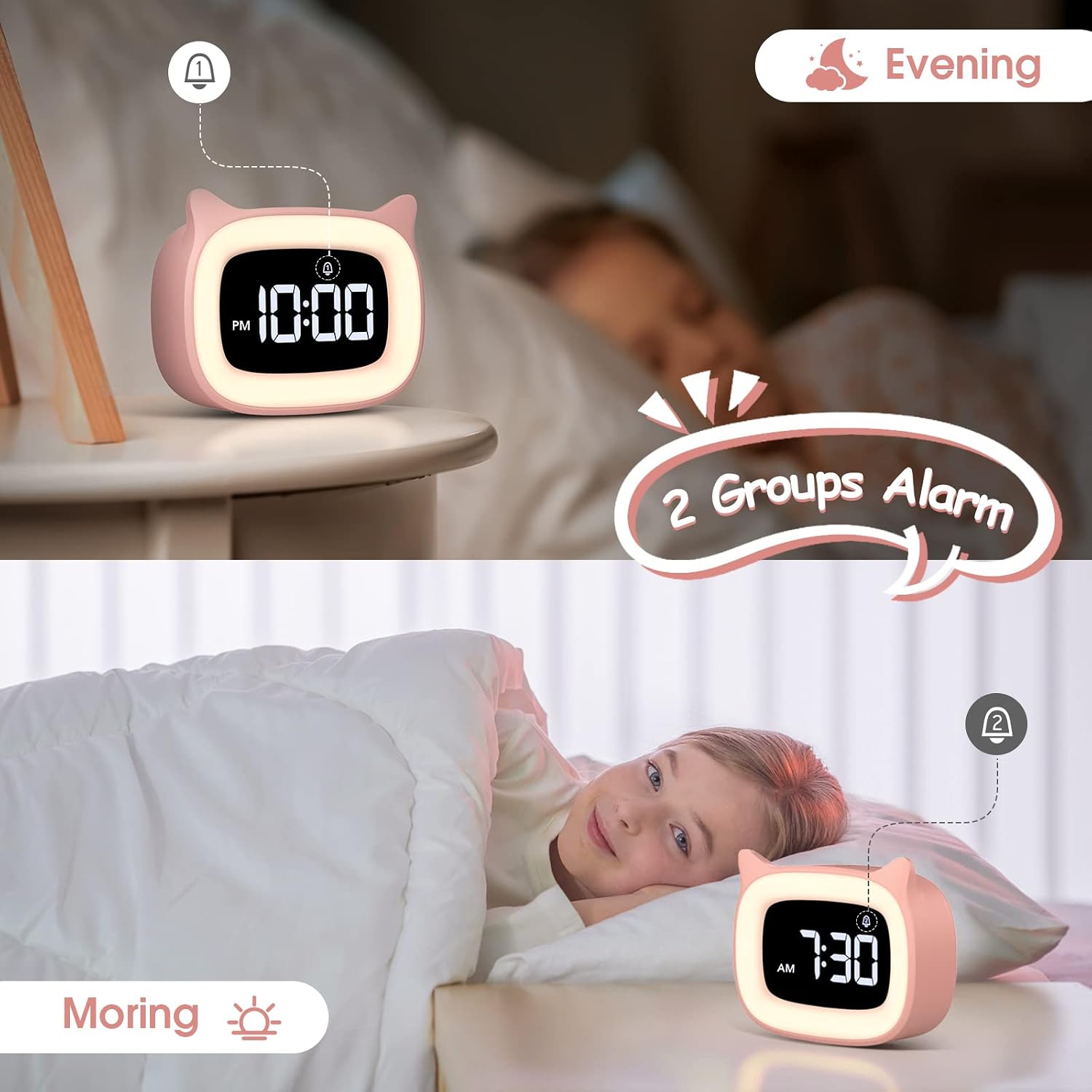 Detalle 2 de mizikuu digitale kinderwekker met LED-nachtlampje, dubbele wekker en 18 tonen