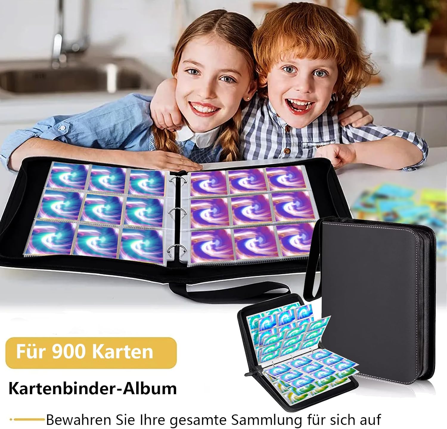 Thumbnail 5 de Sammelkarten Album 900 Karten – 9 Fächer, 50 Seiten, wasserfeste PU-Sammelmappe mit Reißverschluss (Schwarz)