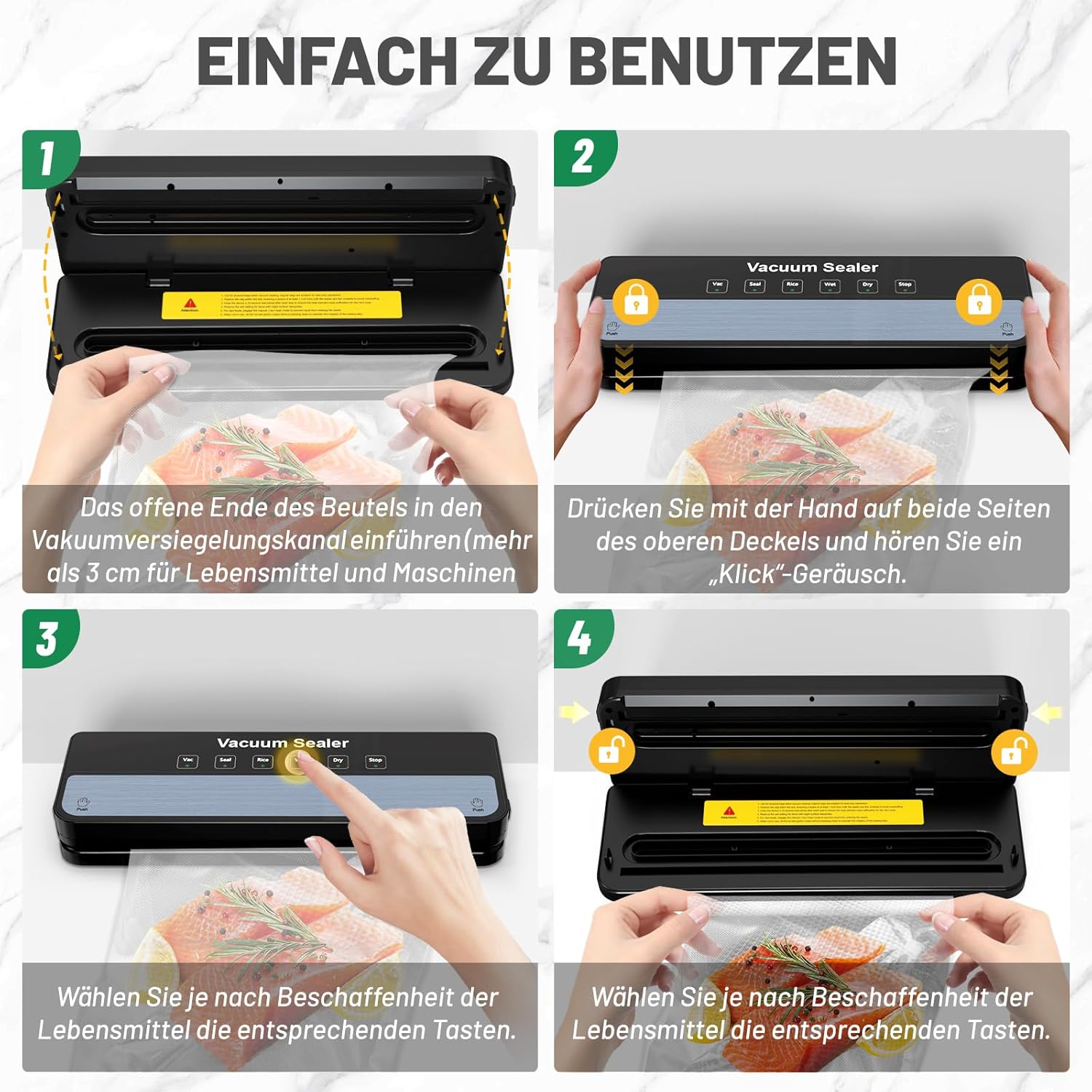Detalle 2 de Raycial Vakuumierer mit Vakuumierbeuteln – vollautomatisches 6-in-1 Folienschweißgerät für trockene, feuchte & frische Lebensmittel