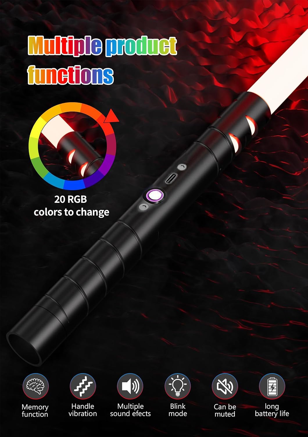 Detalle de jvmusaber Dueling Lightsaber for Kids & Adults with 20 RGB Colors, USB Rechargeable Metal Hilt
