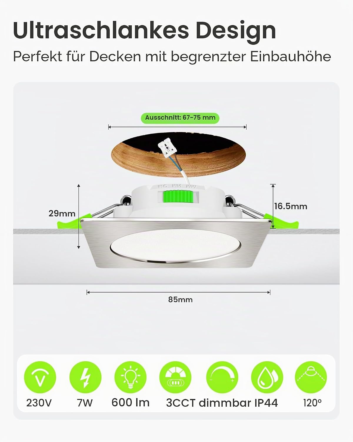 Thumbnail 1 de ALUSSO LED Einbaustrahler 230V eckig dimmbar, 7 W, IP44 (12er-Set) – 3 Farbtemperaturen wählbar, flach 68 mm, Nickel gebürstet