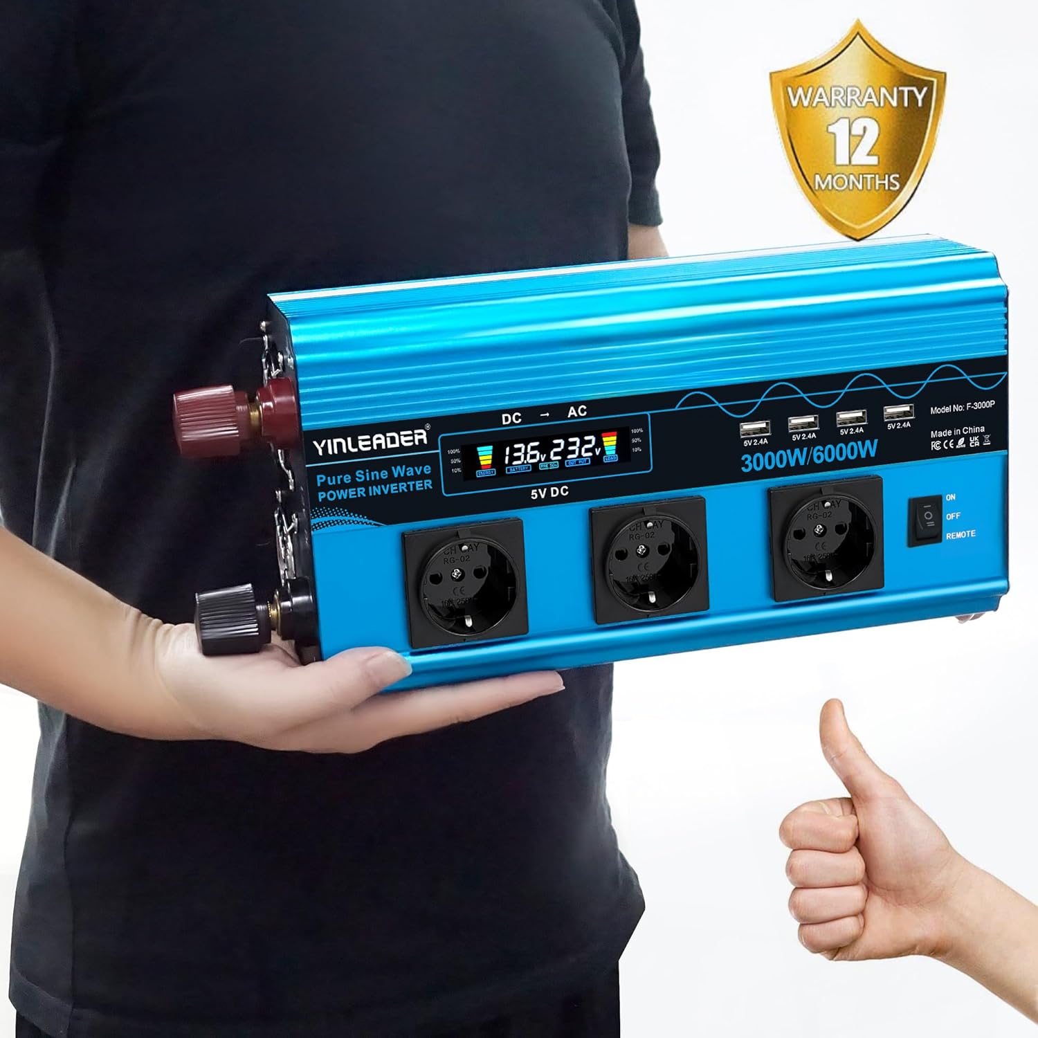 Thumbnail 2 de Yinleader Wechselrichter 3000W/6000W – Reiner Sinus 12V auf 230V mit 3 EU-Steckdosen und 4 USB
