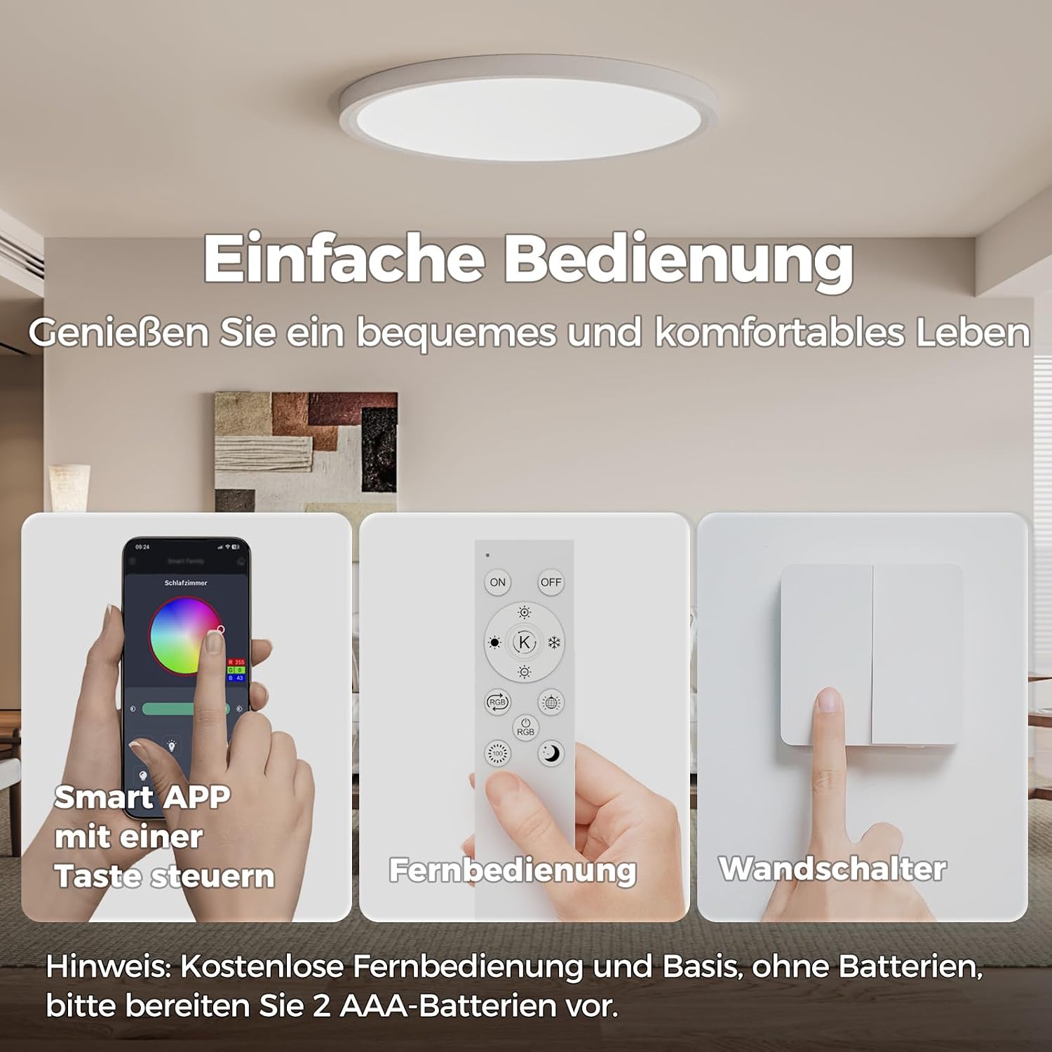 Detalle de Aphyni Lampe de Plafond LED Dimmable avec Télécommande – 24W RGB, 3000K-6500K, contrôle via app