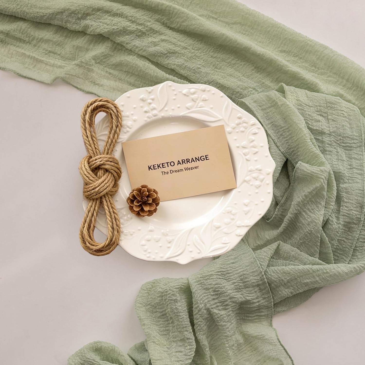 Thumbnail 4 de Keketoarrange Sage Green Cheesecloth Table Runner 120 in 🎀