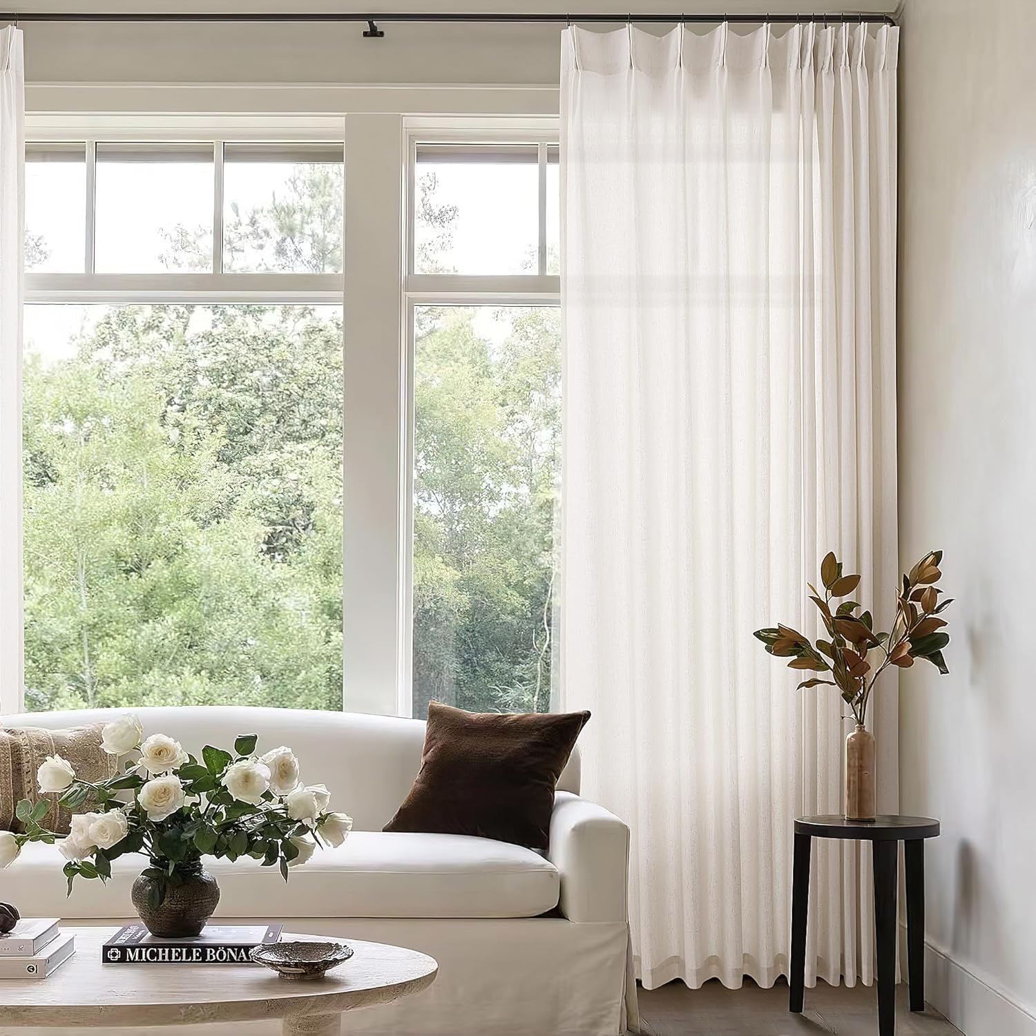 Detalle de Dukiyo Pinch Pleated Curtain 72" Wide x 90" Long Cream Ivory Linen Drapes for Patio Sliding Glass Door