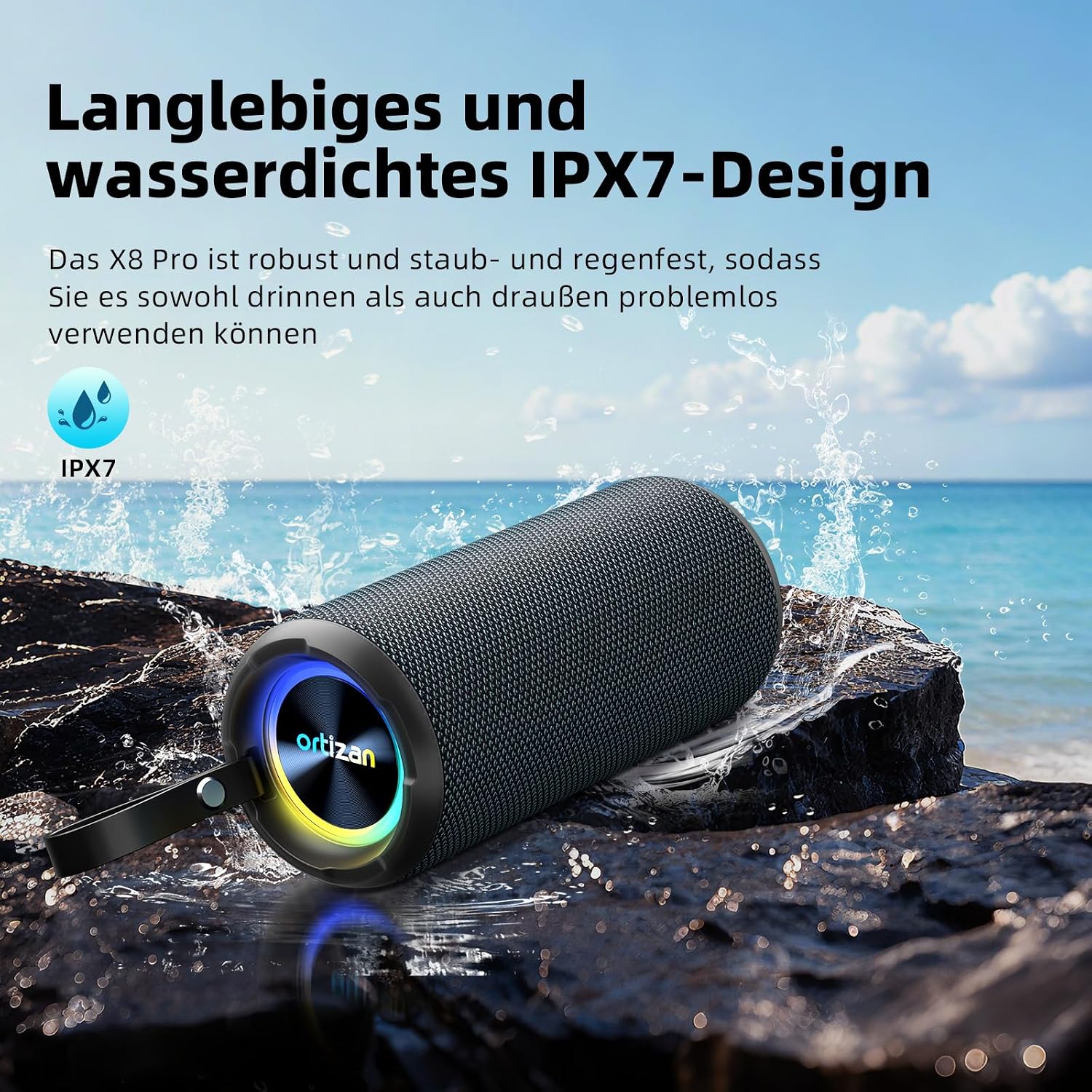 Detalle de Ortizan X8 Pro 40W Bluetooth Lautsprecher: IPX7, 30 Std., RGB Licht, Freisprecheinrichtung