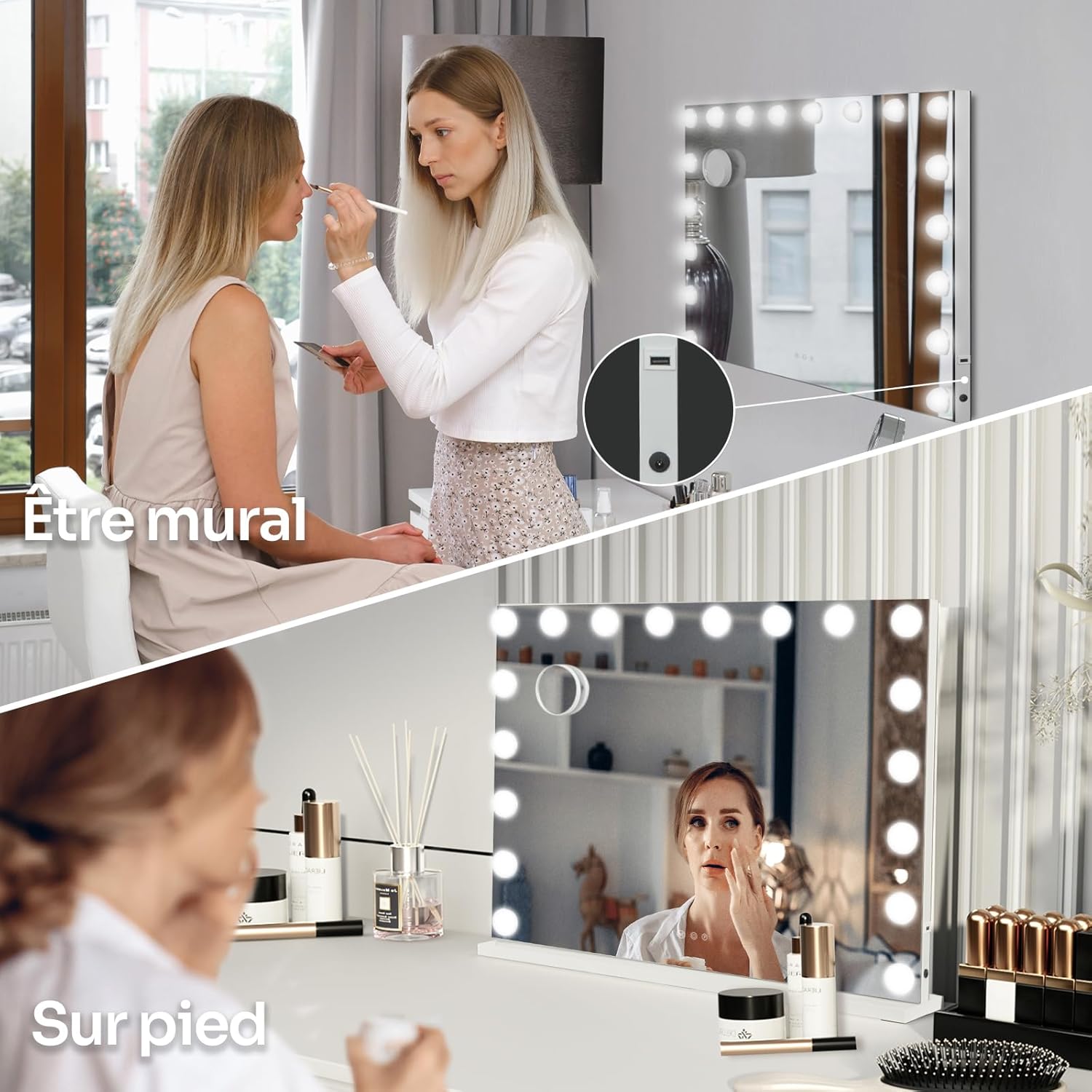 Thumbnail 2 de YU YUSING Hollywood Miroir Maquillage Lumineux 80x62 cm – LED 18 lampes, 3 couleurs, Grossissant 10x, montage mural