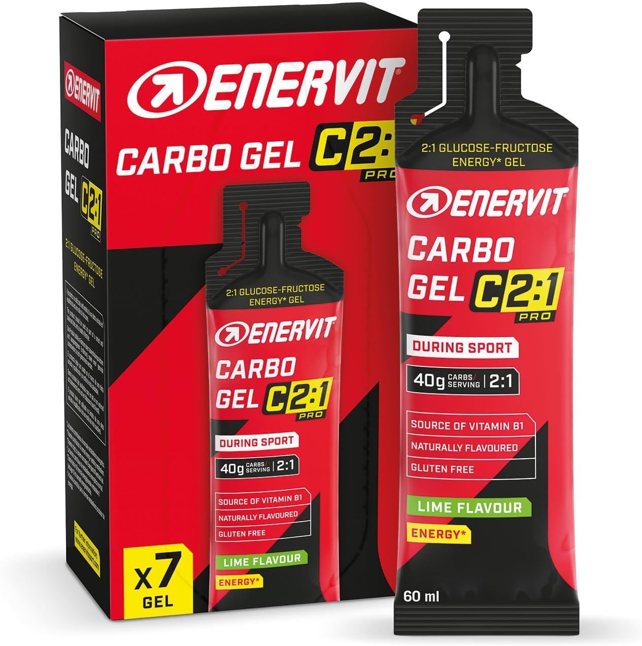 Thumbnail 6 de Enervit Carbo Gel C2:1PRO mit Koffein – Cola-Energie-Gel mit 40 g Kohlenhydraten pro Gel, vegan, glutenfrei, 7er Packung
