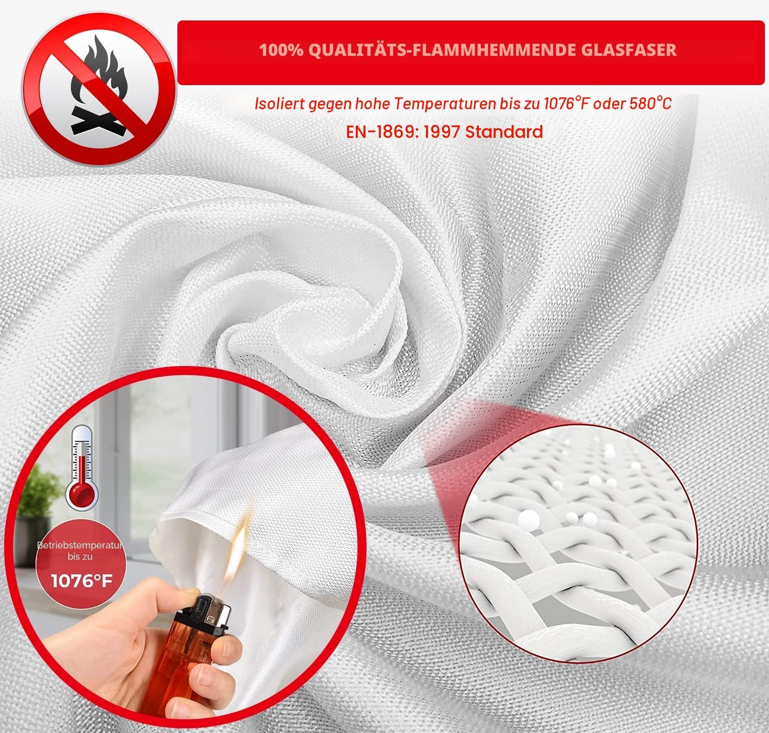 Detalle de wucgea Löschdecke für Küche – 8er Pack, Glasfaser Feuerdecke DIN EN 1869:2019, 1,0 m × 1,0 m