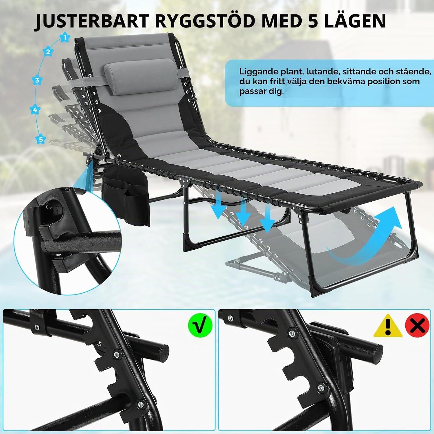 Detalle de LIFERUN HQB-TC-XLM1 hopfällbar solstol med fem rygglägen