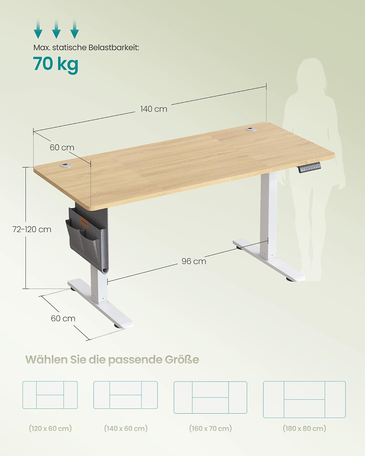 Detalle 2 de SONGMICS Höhenverstellbarer Schreibtisch 140x60 cm đ